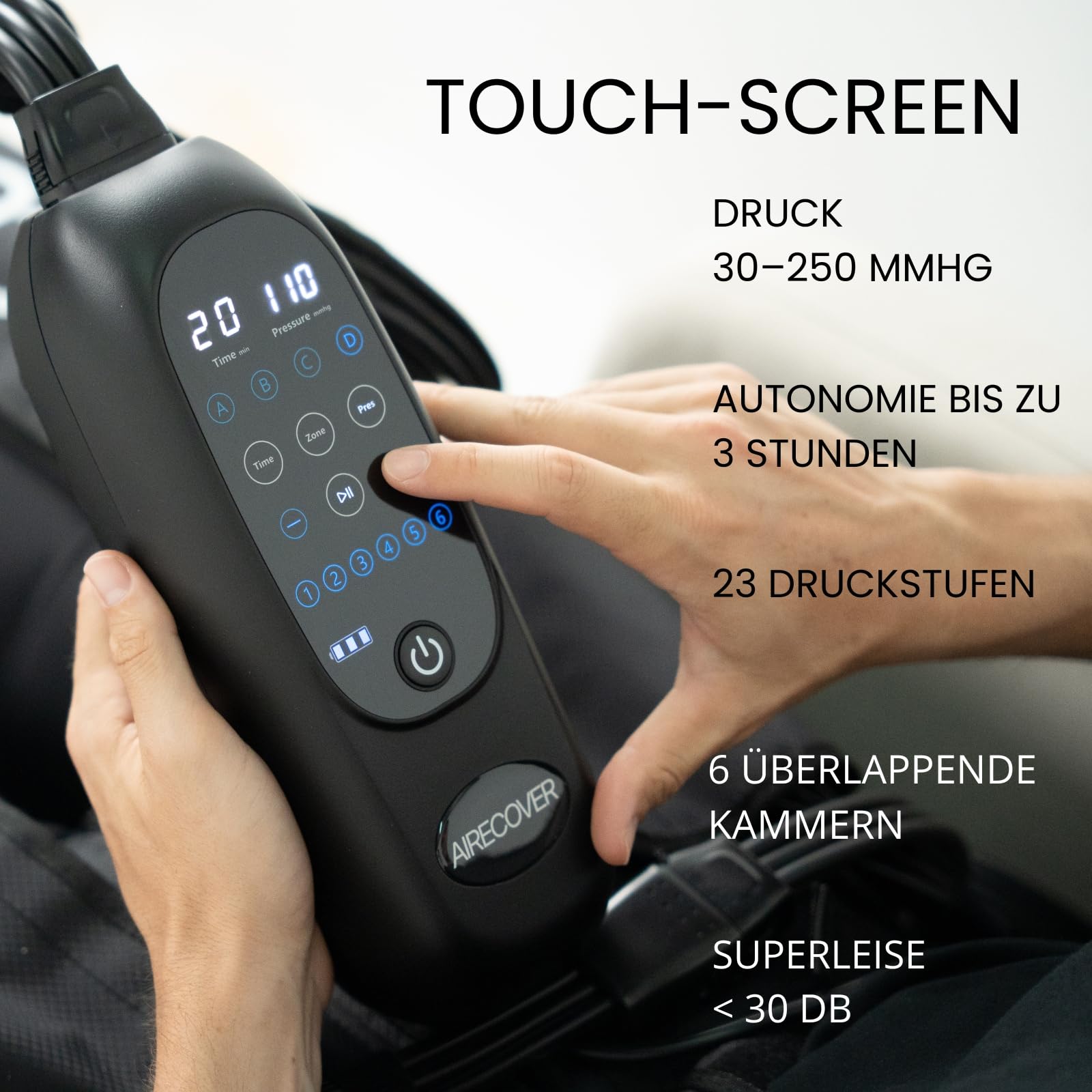 Pressotherapiehose für Zuhause, kabellos, Massagegerät für müde Beine, für Durchblutung und Lymphdrainage, 6 Kameras, 4 Modi, 30-250 mmHg, Autonomie 3H