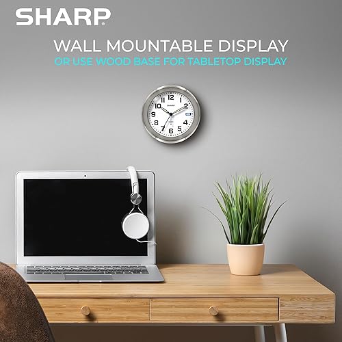 Miniatura 5 de Sharp Reloj despertador analógico de cuarzo silencioso con indicador de estado de alarma en la esfera, reloj de metal cepillado con soporte de