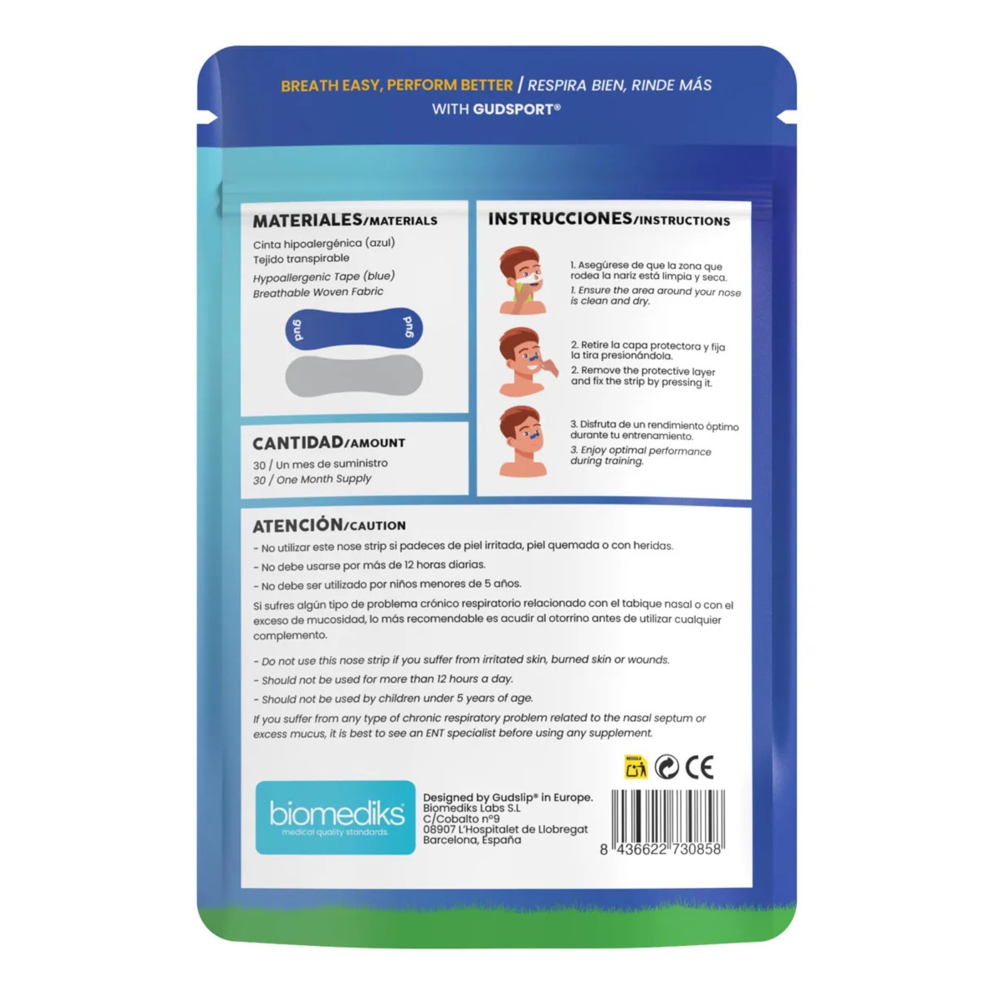 Gudsport Nose Strips - Gudslip® – Suministro de 30 Días para mejorar tu Respiración y Rendimiento Deportivo durante Entrenamientos y Actividades Intensas (Transparente)