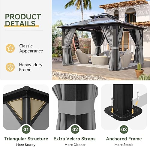 Vista 89 de Aoxun - Gazebo con techo rígido para jardines, patios con cemento o césped, pabellón permanente de policarbonato con doble techo, marco de aluminio