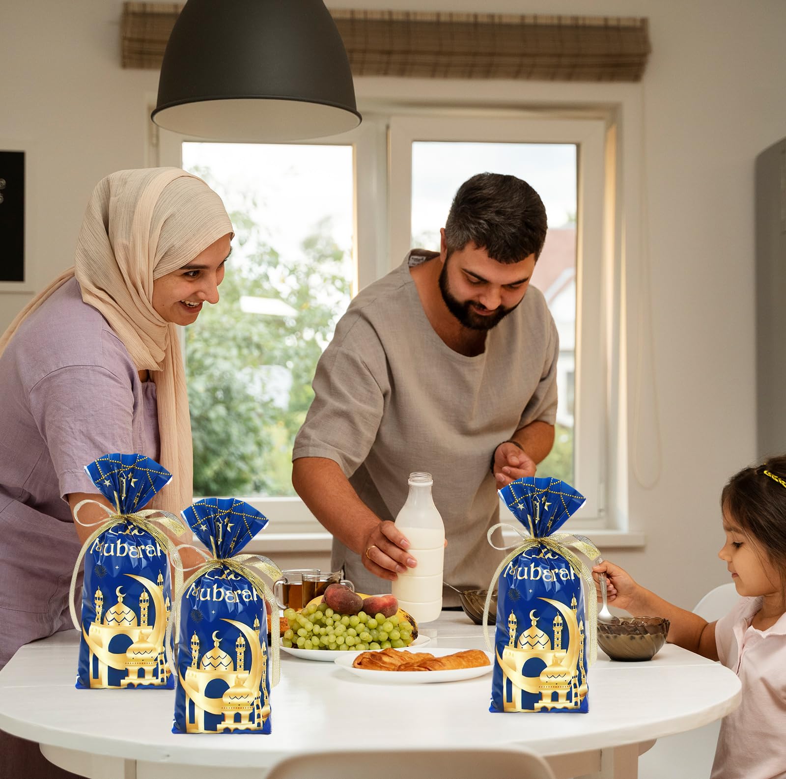 Whaline 100 Pcs Eid Mubarak Cellophane Bags with Ribbon Ramadan Plastic Treat Bags Blue Gold Candy Goodie Bags for Islamic Muslim Party Snack Cookie Packing Supplies