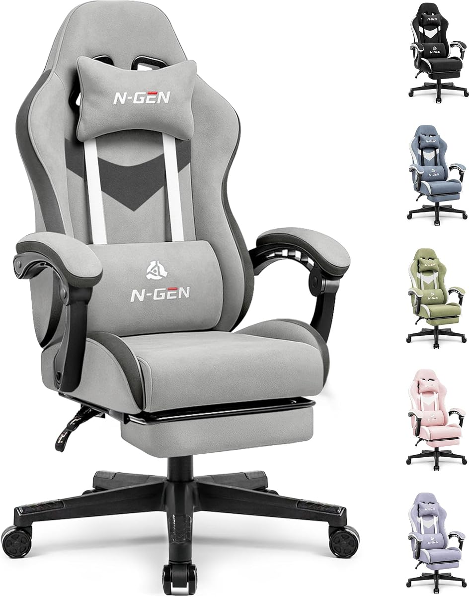 Silla Gaming, Respaldo Reclinable, Reposapiés, Tela, Gris | Diseño ergonómico con respaldo reclinable, apoyabrazos articulados y espuma de alta densidad, asientos cómodos para computadora u oficina en casa