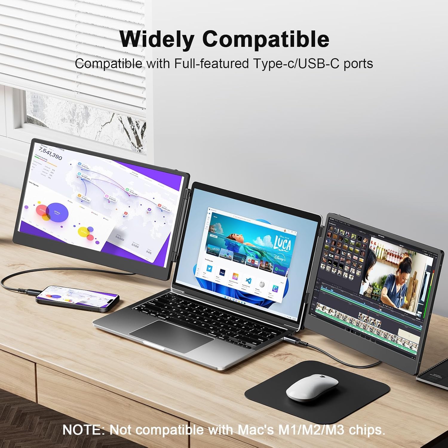 Laptop Screen Extender, 14" FHD Portable Monitor Extension, Triple Monitor, Plug & Play Screen Extender für Win/Dex/Android/Mac