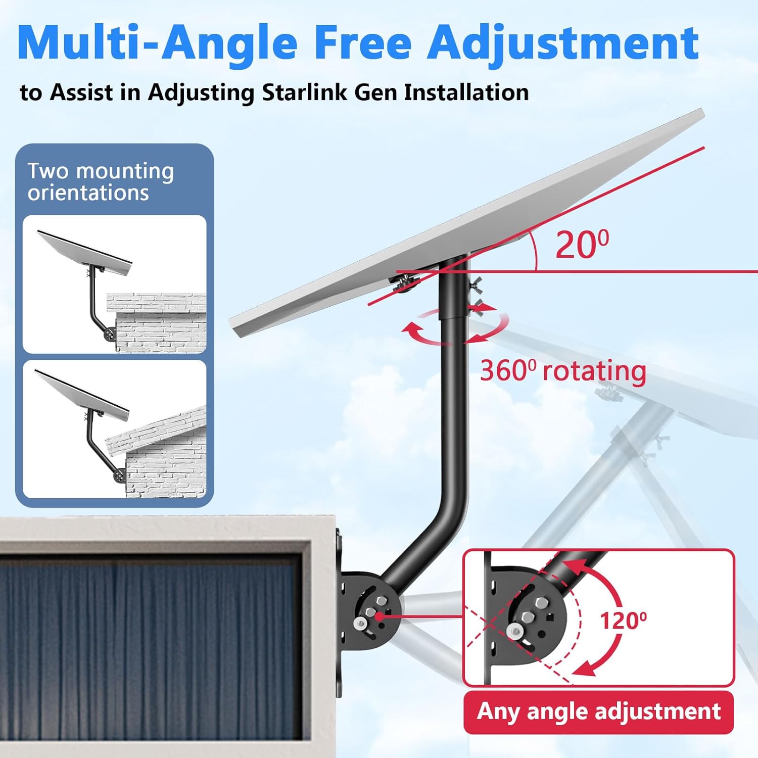 Adjustable Heavy-Duty Starlink Gen 3 Mount - Rustproof Mounting Kit for V3 Standard Dish - Compatible with Wall, Roof, RV, Boat - 360° Rotation & 20° Tilt for Optimal Signal