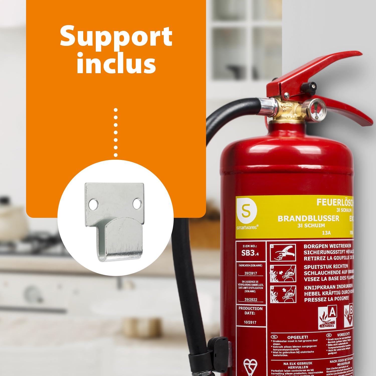Smartwares Extincteur à Mousse - 3 L - pour Feux A&B - Adapté pour Bureaux et domiciles - Support Inclus - FEX-15230
