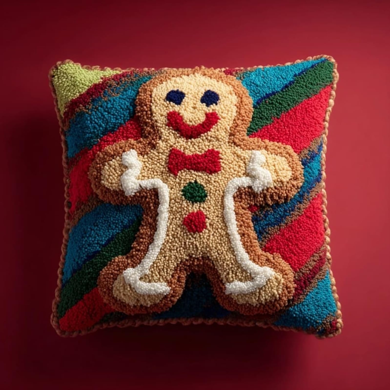 AxiangziK Latch Hook Pillow Kit for Adults,Cute Gingerbread man Latch Hook Cushion Kits 17X17Inch,DIY Needlework Pillow Cover Sofa Cushion Rug Making