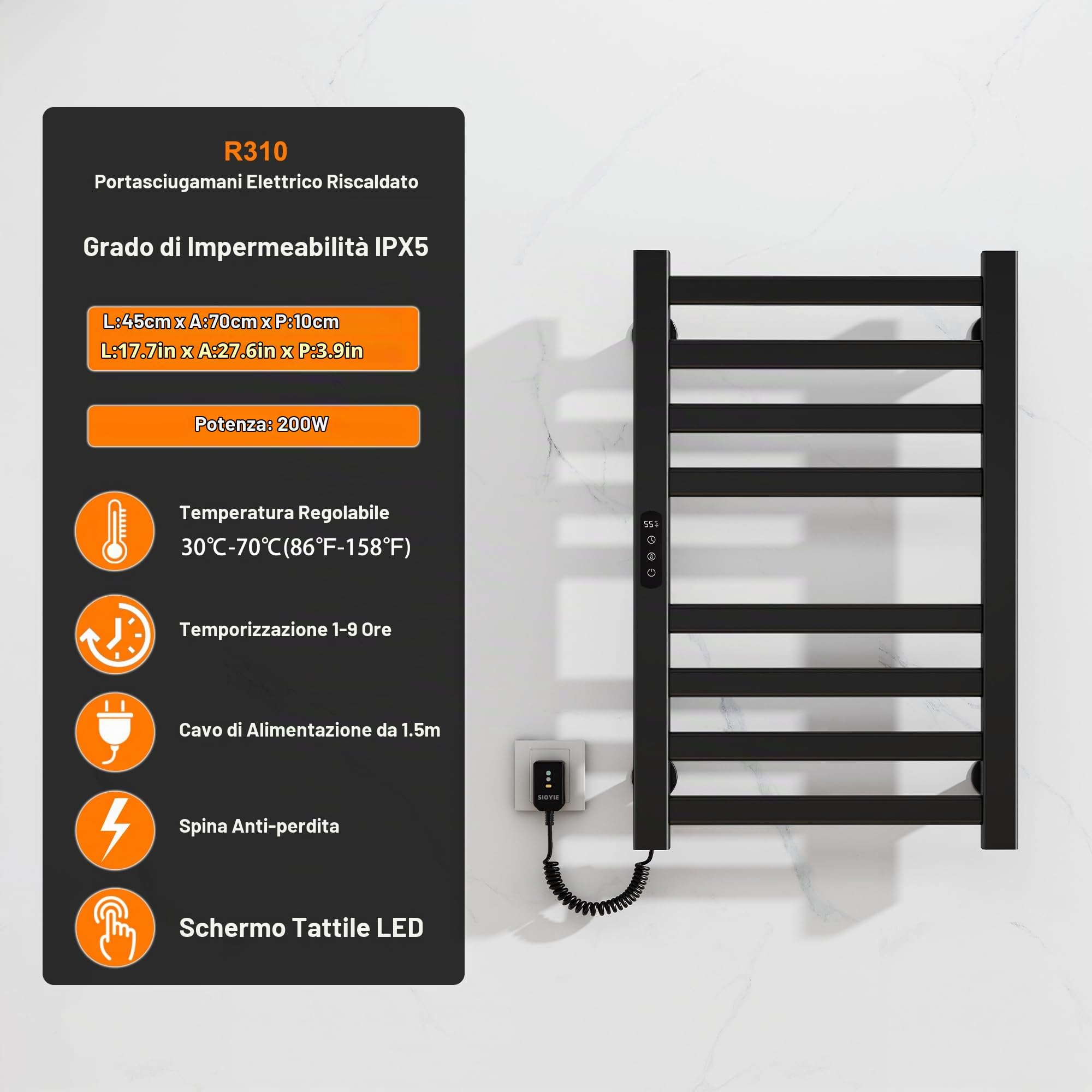 Portasciugamani Elettrico 450x700mm Scaldasalviette Radiatore da Bagno Elettrico Portasciugamani intelligente Termosifone Asciugabiancheria, riscaldamento in fibra di carbonio, antracite-Black Left