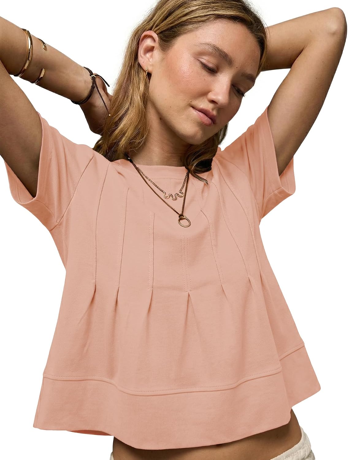 LOMON Spring Peplum Tops for Women Babydoll Pleated Short Sleeve Crop Swing Shirts Blouses Trendy Casual Clothing 2026