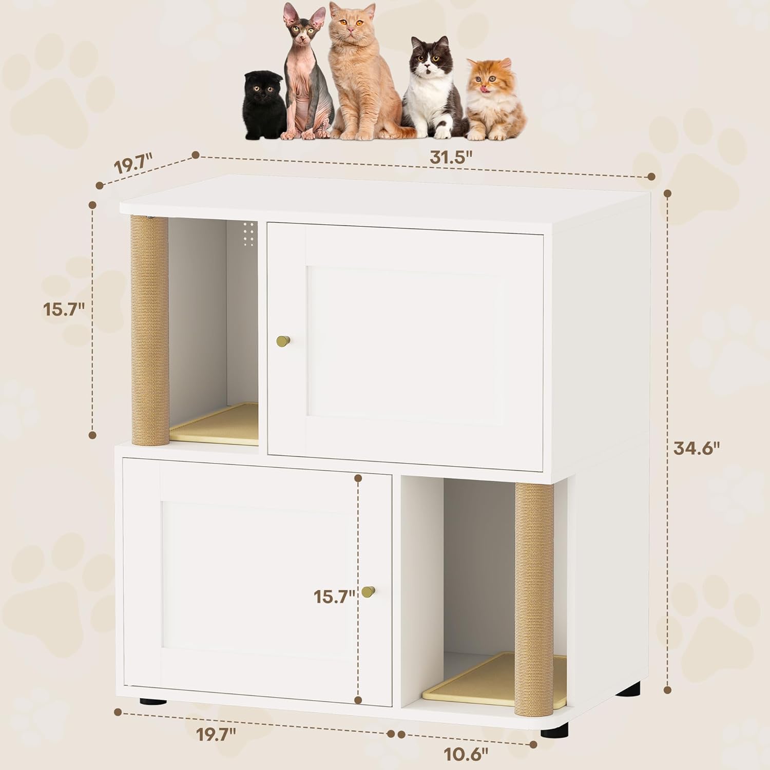 Cat Litter Box Enclosure for 2 Cats, Metal Hidden Double Litter Box Enclosure Furniture Cabinet with Cat Scratching Post, Large Pet Washroom Furniture, Indoor Pet House Side Table (White)
