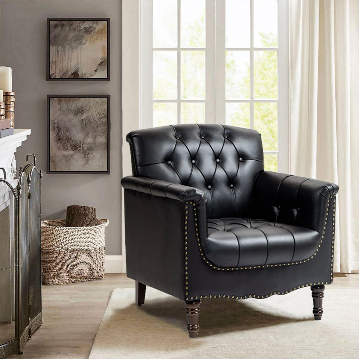 Pia Ricco Modern Tufted Accent Chair, Single Faux Leather Armchair with Nailhead Trim & Wood Legs, Comfortable Upholstered Seat for Living Room, Office - Black
