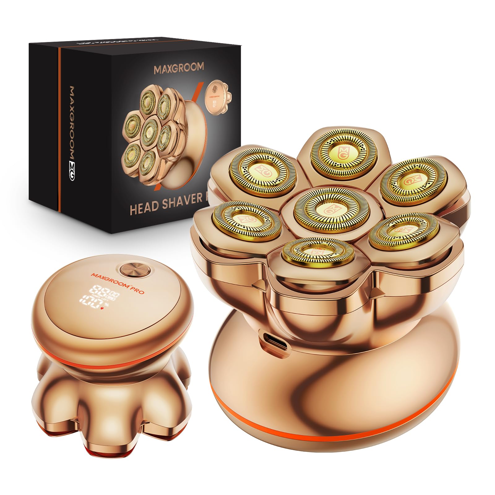 MAXGROOM Afeitadora Cabeza Hombre PRO, Maquina Afeitar Hombre, Afeitadora para Calva en Seco y Húmedo, 140 Mins de Uso, 7 Cabezales, Magnético, 100% impermeable, Color Dorado