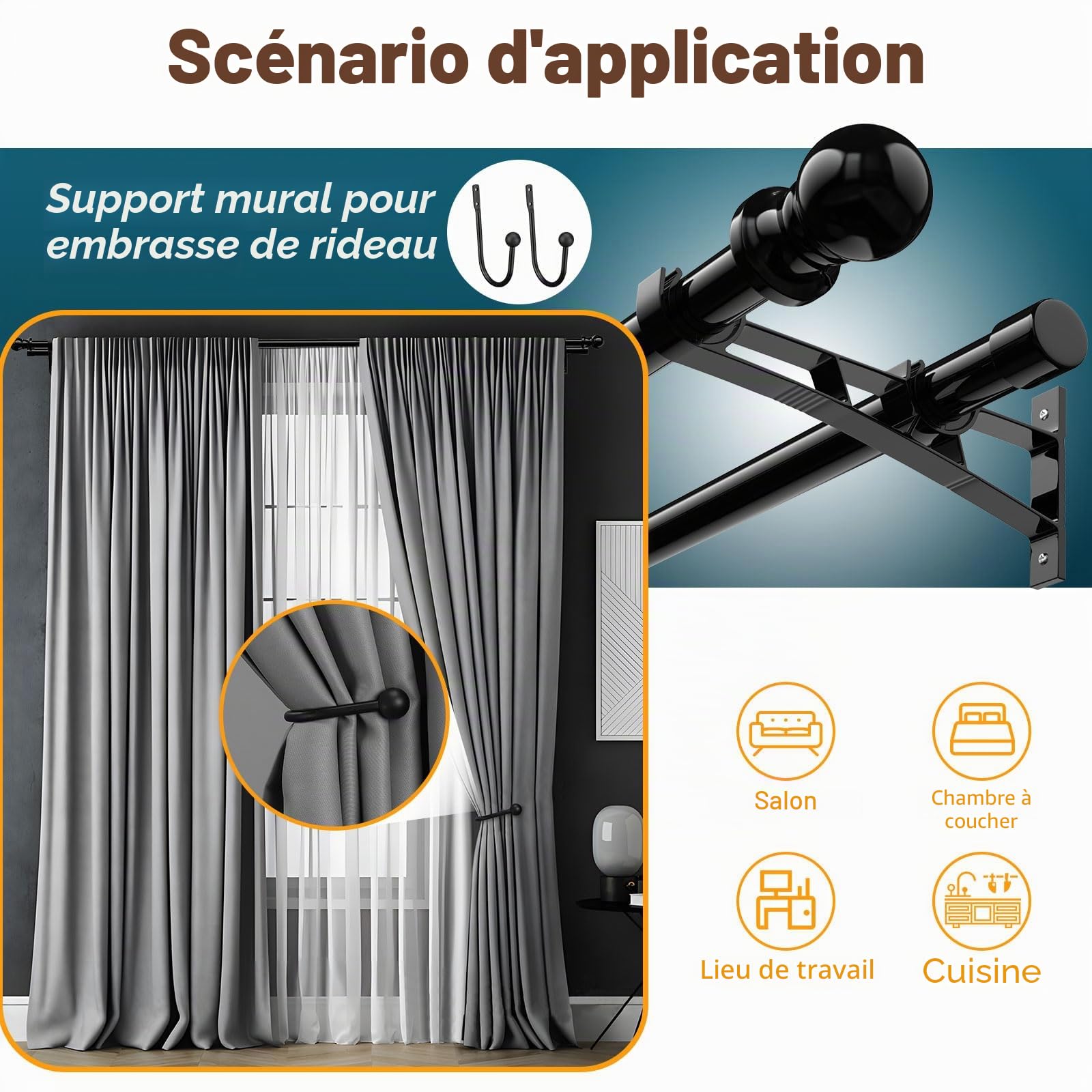 Tringle à rideaux double réglable avec clip pour fenêtres de 82-389cm, très résistante, double tringle à rideaux décorative de 2,5 cm pour fenêtre, salle de bain, terrasse, chambre