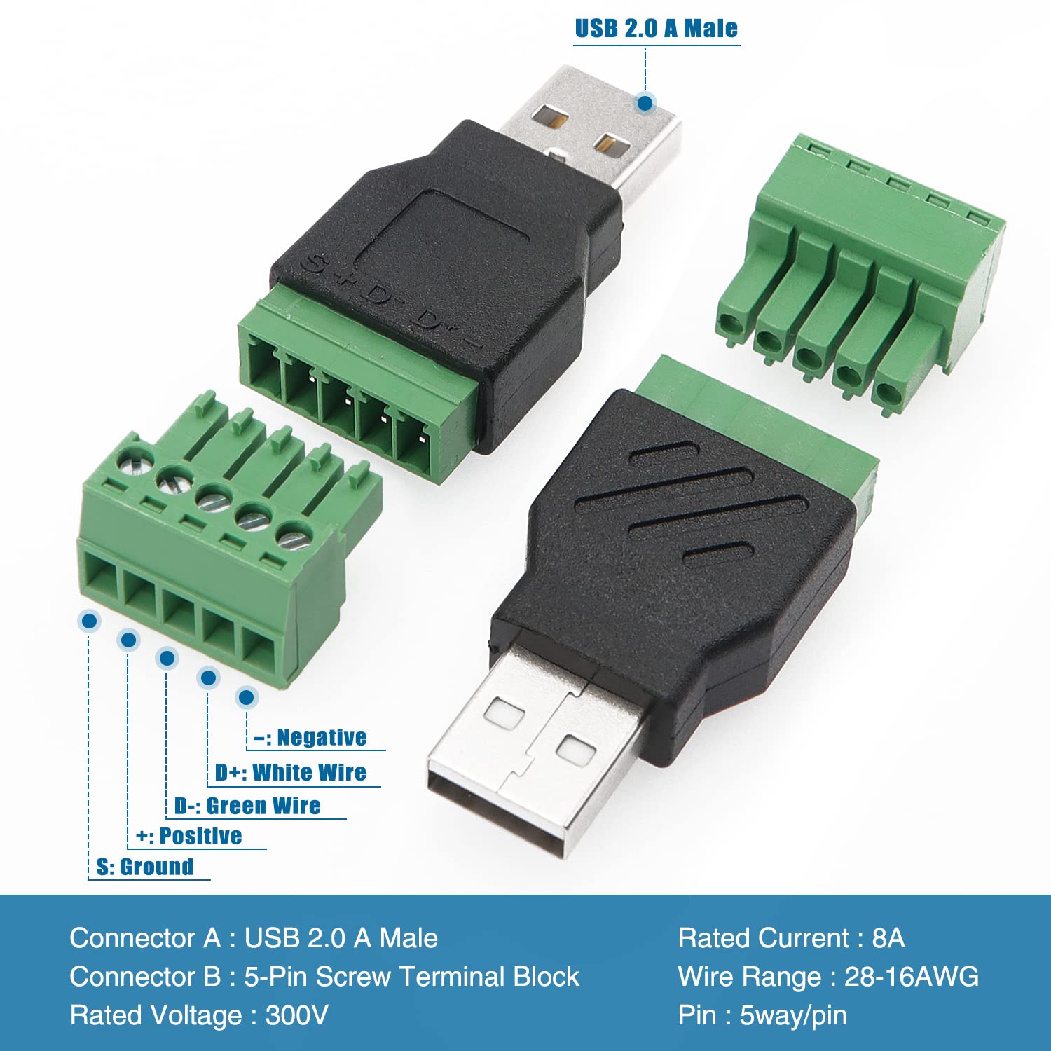 Adattatore USB A Morsetti A Vite - 2 Pezzi, USB 2.0 Maschio A 5 Poli, Per Cablaggio Senza Saldatura - Foto 7