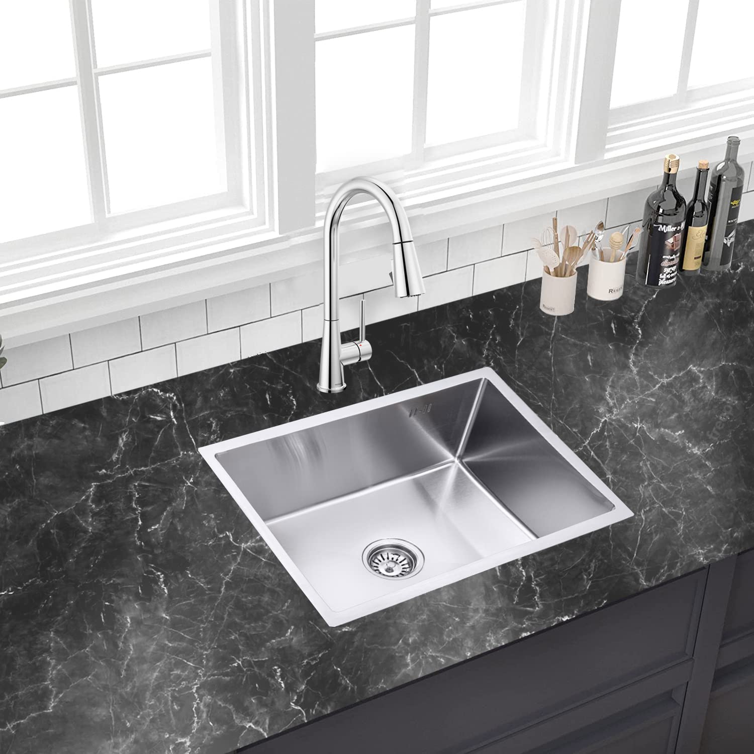 Évier de cuisine encastré inox argent 59x44cm avec isolation phonique