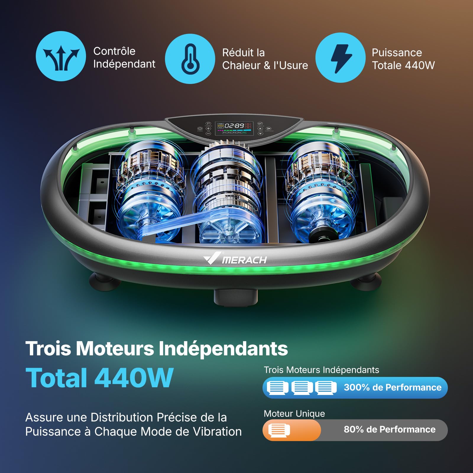 MERACH 4D Plateforme Vibrante 7 Modes Vibration 120 Niveaux Vitesse 5 Programmes Intelligents Haut-Parleur Bluetooth Intégré