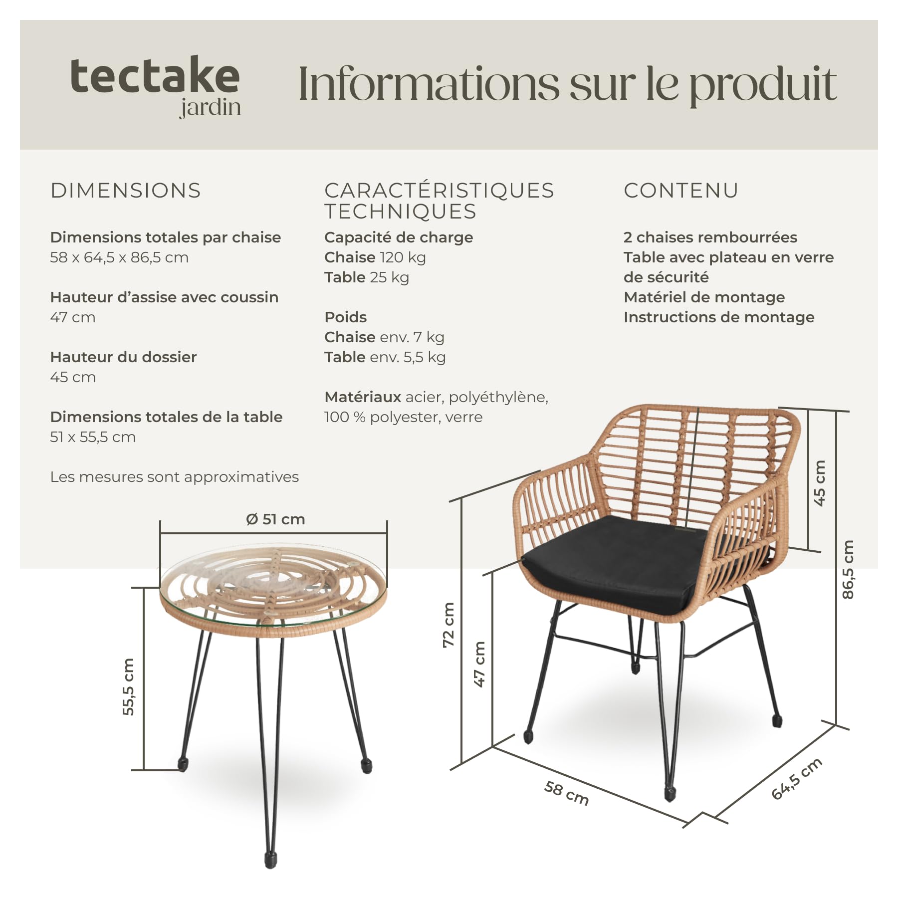 tectake® Salon de Jardin Extérieur en Poly Rotin Set de 3 pcs, Ensemble 2 Fauteuils Salon et Table de Jardin avec Plateau en Verre de sécurité, Coussins Amovibles Inclus, Amenagement Balcon Terrasse