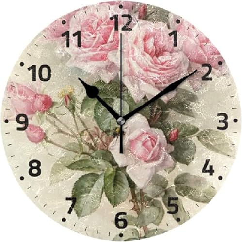 Reloj de pared con diseño de rosas rosas y flores de madera de 10 pulgadas silencioso sin tictac funciona con pilas para sala de estar dormitorio