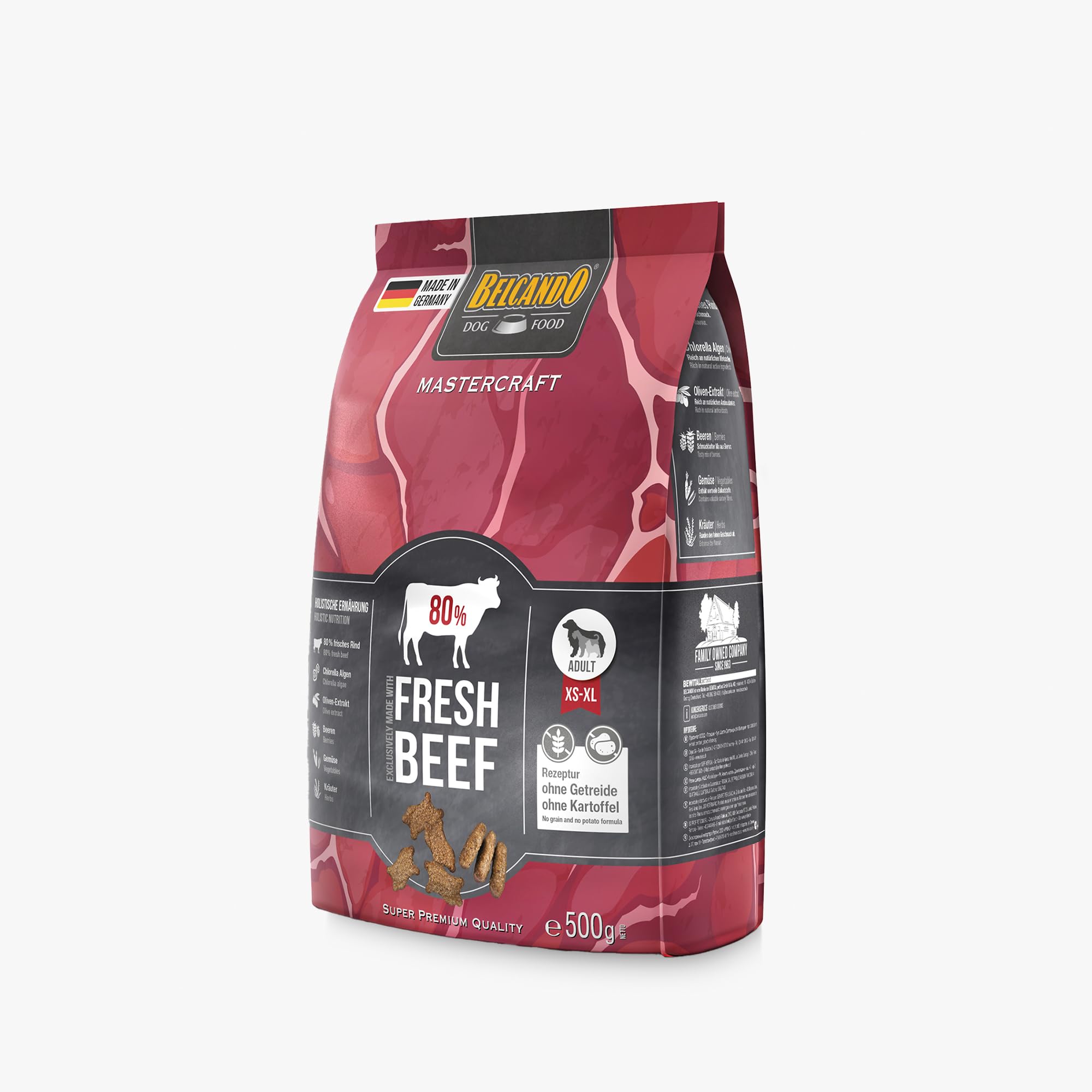 BELCANDO MASTERCRAFT Hundefutter trocken Fresh Beef, 500g, Trockenfutter für Hunde mit Rind, 80% Frischfleisch, getreidefrei, für alle Rassen, Made in Germany