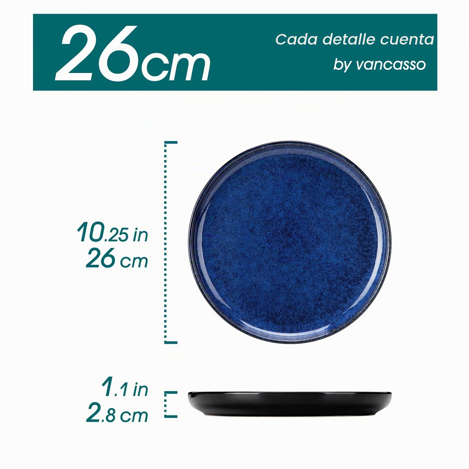 vancasso STARRY Set de 6 Platos Llanos, Platos de Ensalada de 26 cm, Platos de Desayuno de Gres, Juego de Platos de Cena para Cocina, Apto para Lavavajillas y Microondas, Esmalte Reactivo Azul