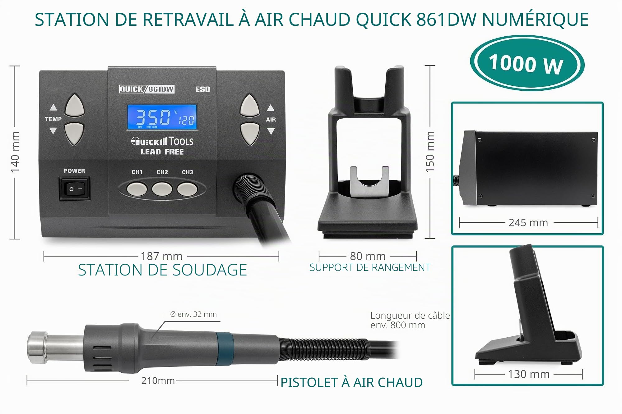 Quick 861DW Reworkstation à air Chaud, 230 V, 861 dW
