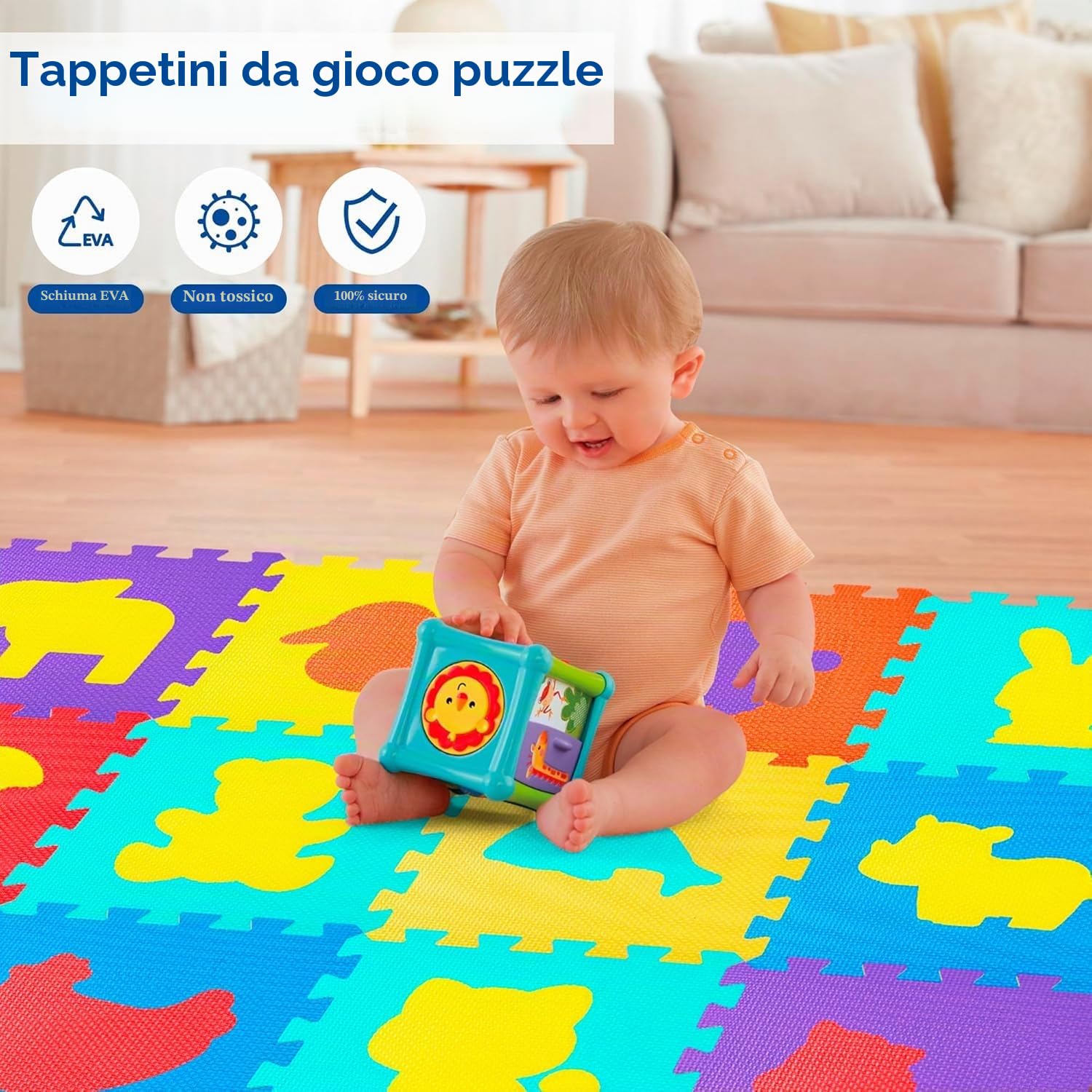 Tappeto puzzle per bambini, 120 x 120 cm, 16 pezzi in schiuma EVA, tappetino da gioco educativo con animali, antiscivolo e impermeabile, sicuro, non tossico per bambini da 10 mesi, per asilo e casa