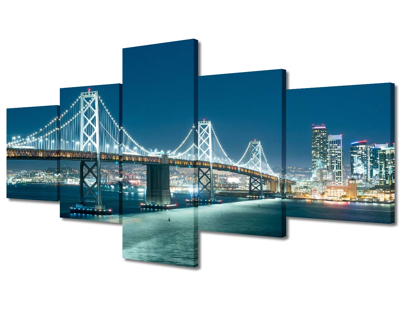 Photo 1 of 5 Pieces Francisco City Canvas Wall Art Print Oakland Bay Bridge Picture The City Light at Night Wall Art Modern Giclee Artwork for Office Home Decor Stretched Framed Ready to Hang - 50"Wx24"H Artwork-14 50 in x 24 in (W x H)