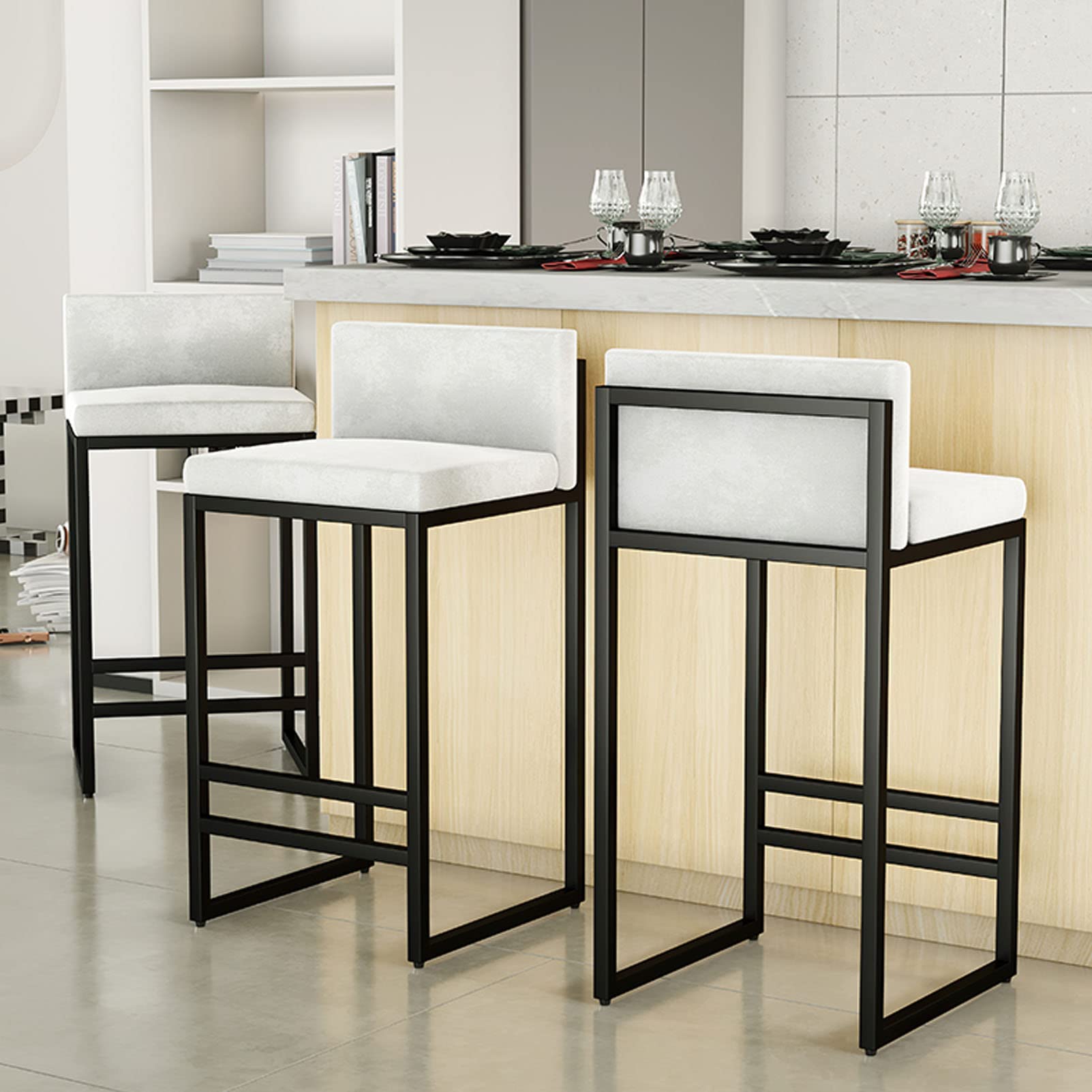 Set di 2 sgabelli da bar imbottiti bianchi con schienale per bancone della cucina, sedie moderne per cucina Island, 63,5 cm/73,7 cm, comode ed eleganti per la tua casa