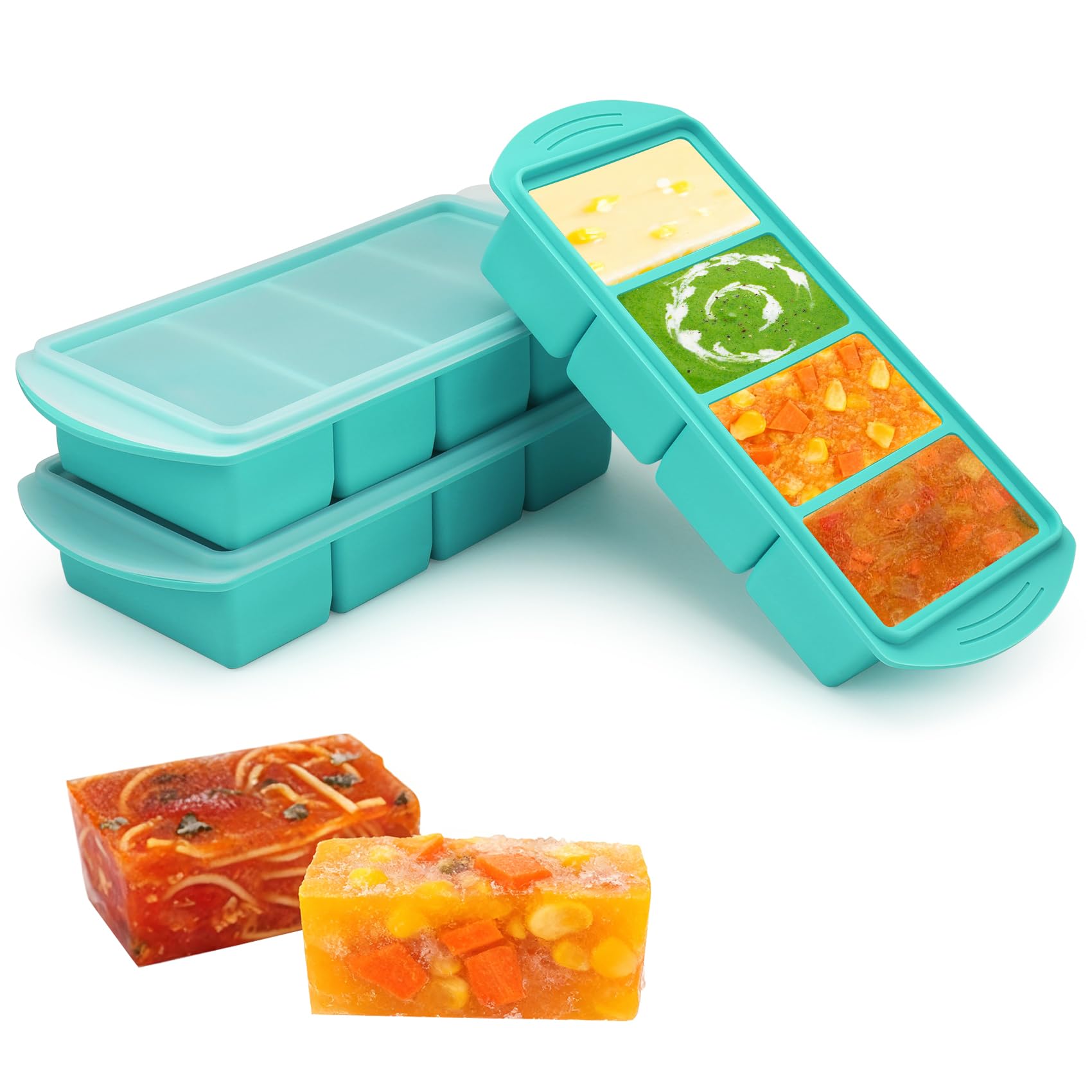 Clickinline Light Green Soup Freezer Containers, 3 Pack Soup Cube Silicone Freezer Tray With Lid, 1000Ml 4-Compartment Portions Cubes, Cube Freezer Tray For Meal Prep, Sauce (Light Green)