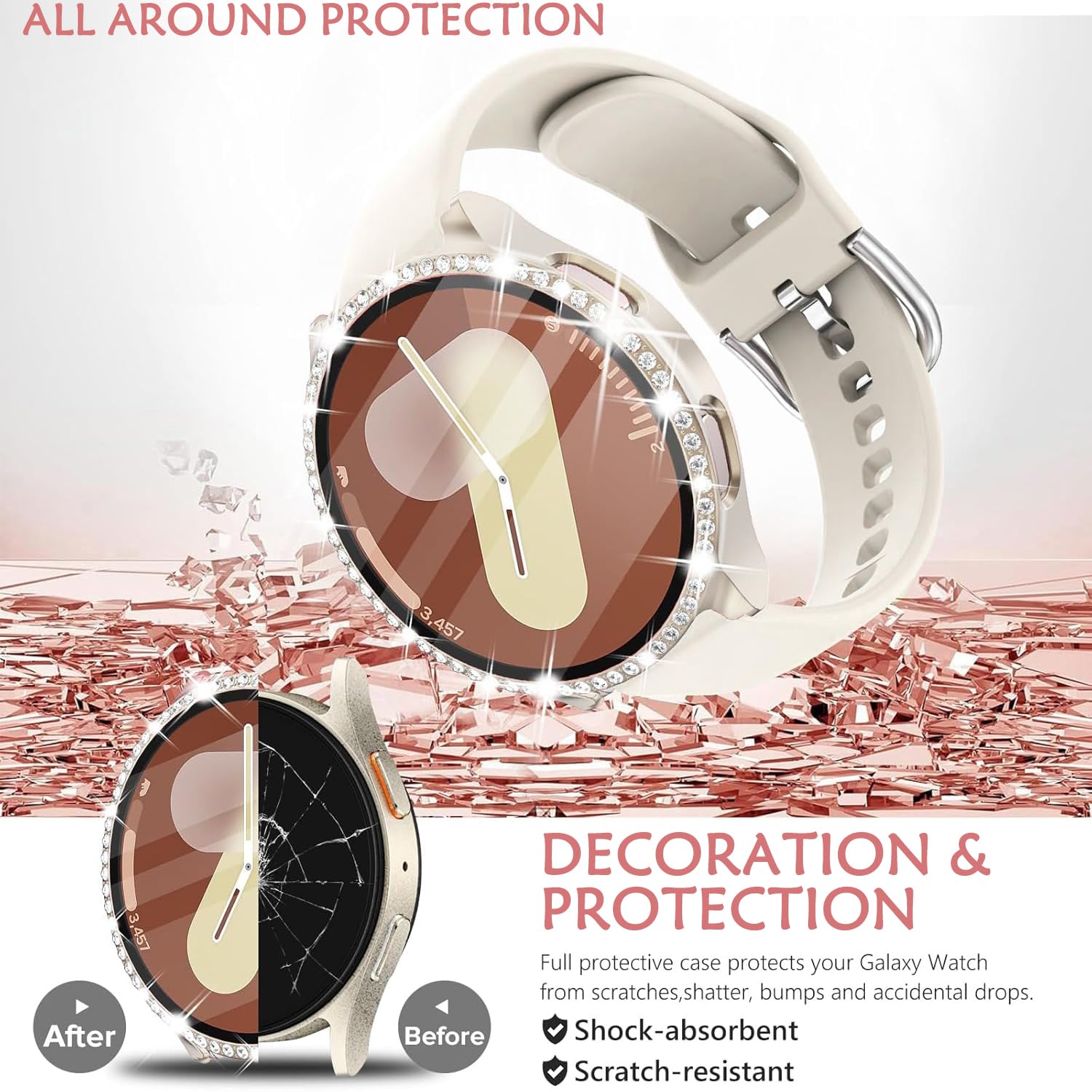 DEALELE [2-PACK] Case Compatible with Samsung Galaxy Watch 5/4 44mm, Bling Single-Row Diamond PC Protective Case Replacement Watch Cover Bumper (44mm, Gold+Transparent) — view 66