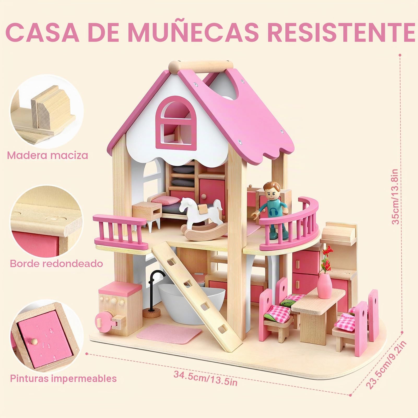 Atoylink Casa de Muñecas Madera con Conjunto Completo de Muebles y Accesorios, 2 Pisos Casita de Muñecas para Niñas con Dormitorio, Baño, Comedor, Piscina, Juguetes Madera Regalo para Niños 3+ Años