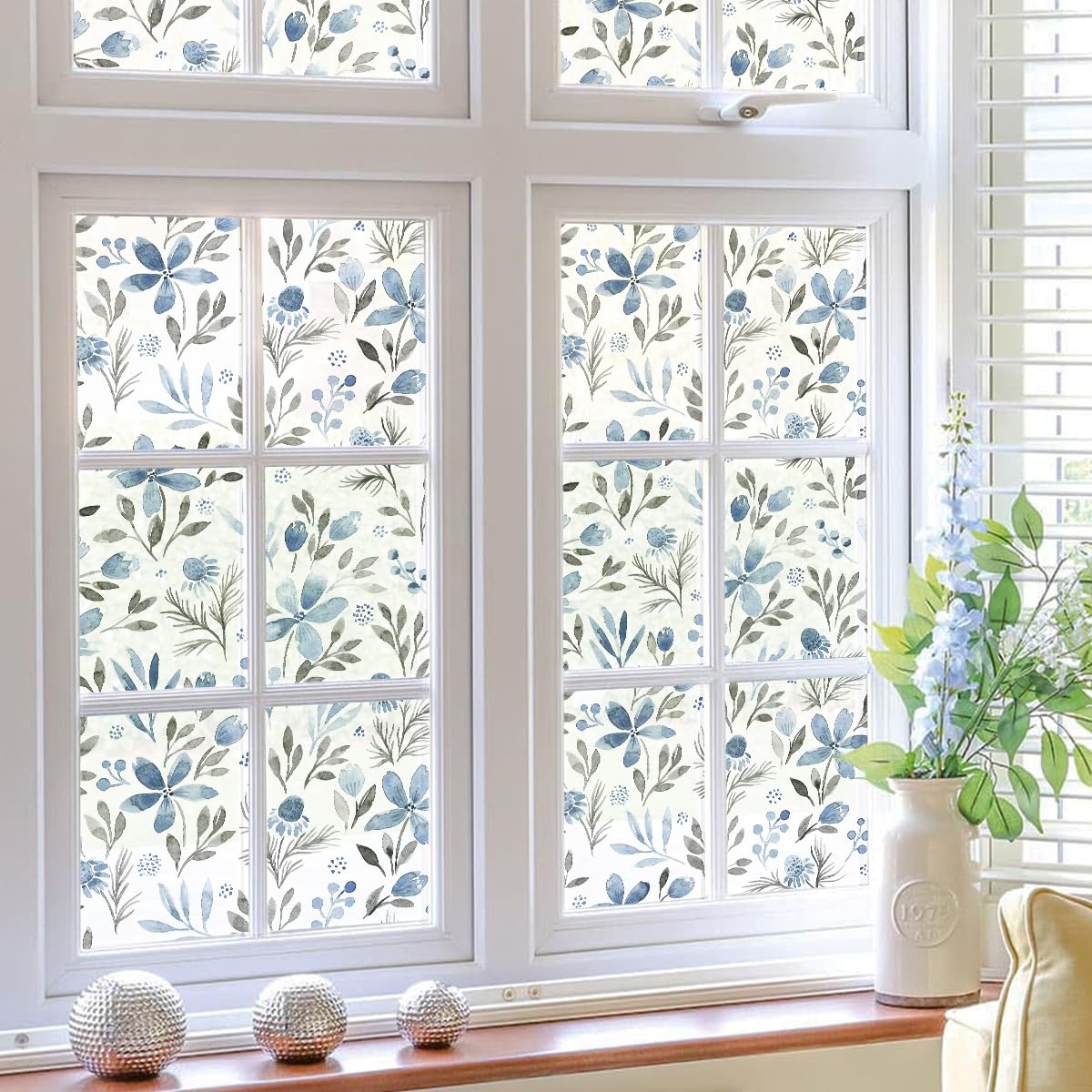 Milchglasfolie Graue Blaue Blätter Fensterfolie Selbstklebend Milchglasfolie Fenster Bad Fenster Sichtschutzfolie Fensterfolie Blickdicht Folie für Fenster Folie Fenster Sichtschutz 40x120cm/4 Pcs