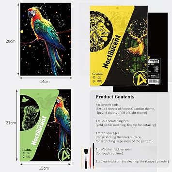 Scratchboard Art for Adult Luminous Scratch Painting Kits, A5 Scratch Art Rainbow Painting Paper 8 Sheet with 4 Tools, Scratchboard for Teens & Adults, Fun Creative Craft Toy/Gifts/Decor, Animals