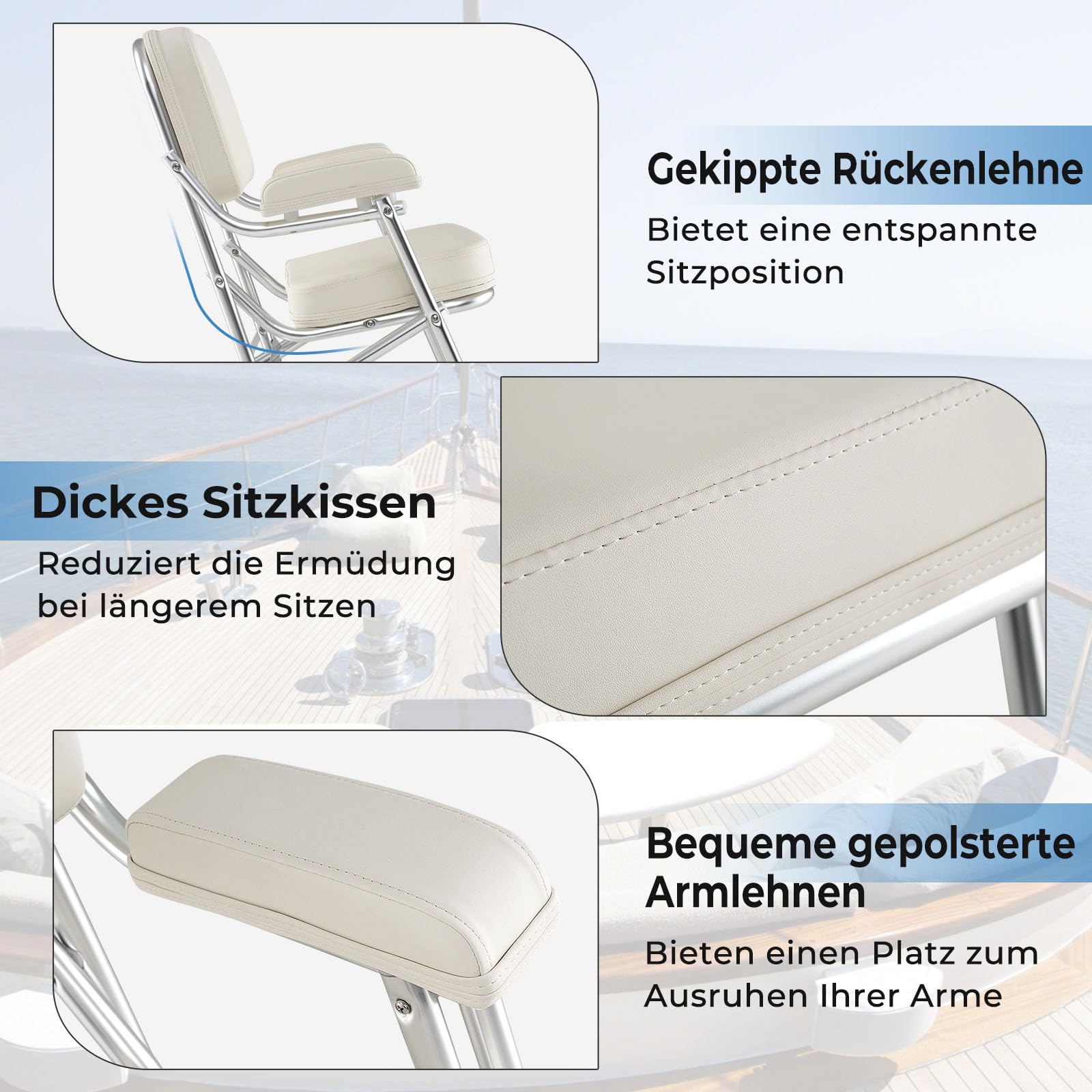 GYMAX Tumbona de Aluminio para Barcos, Silla de Banco Marino con Asiento Acolchado y Reposabrazos Acolchados, Silla Plegable Portátil para Barcos, Yates, Barcos