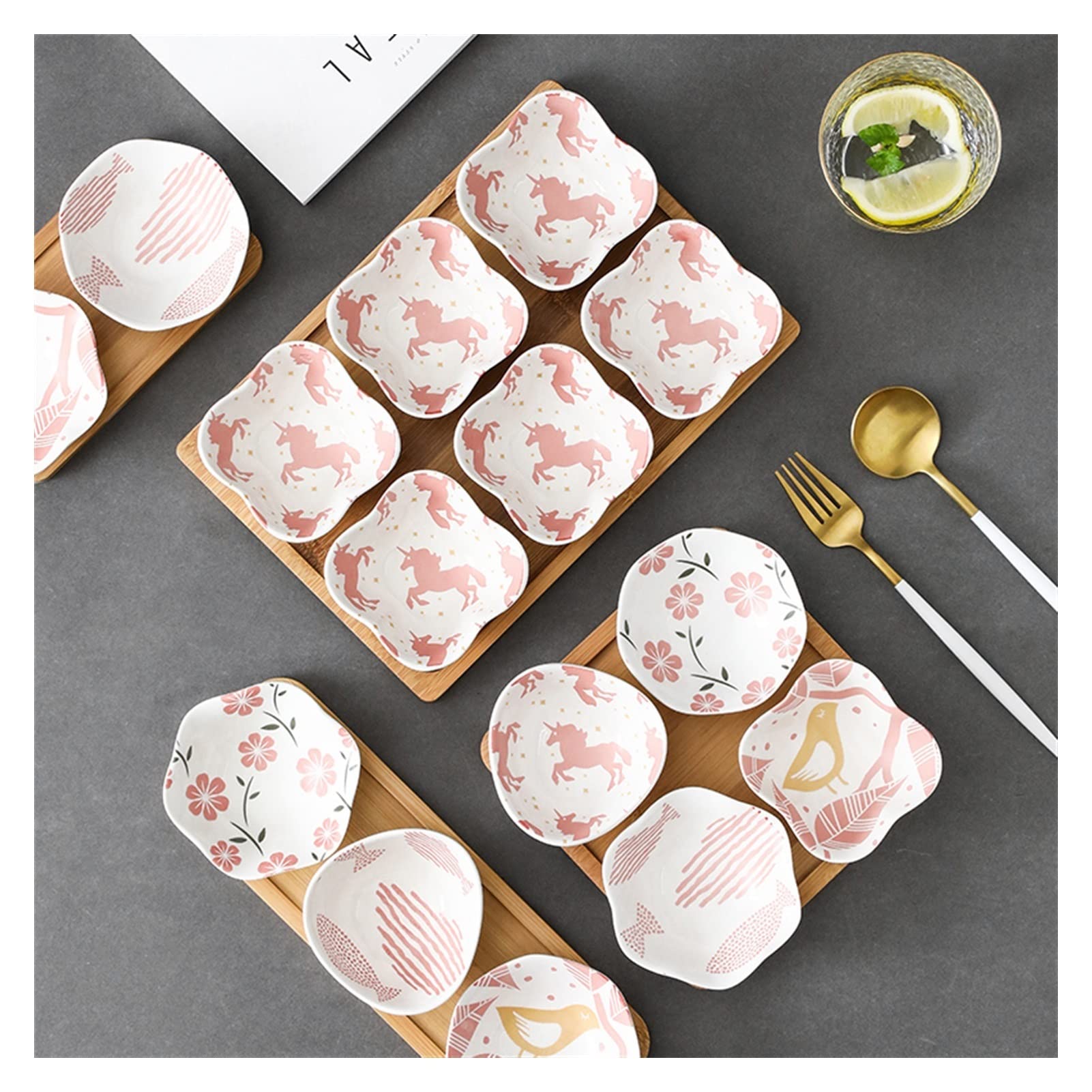MRKU 4-teiliges Dip-Schüssel-Set aus Keramik mit Saucenschale, Geschirr, japanischer Sushi-Teller, bunt glasiert, Unterglasur, Haushaltsgewürz