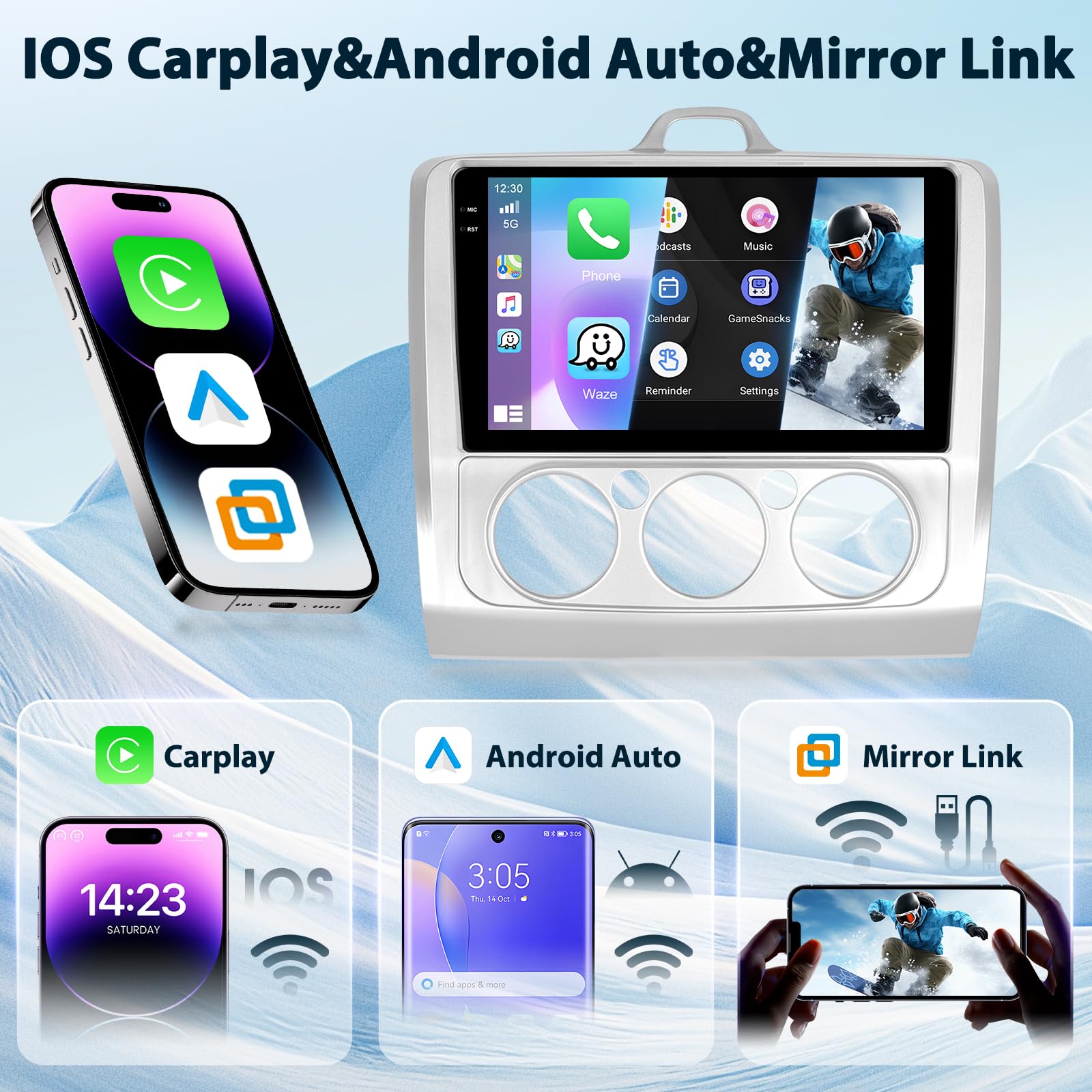 Autoradio Motorsi 2 Din 4G+64G Per Ford Classic Focus 2004-2011, Autoradio 9 Pollici 1280P Con Sistema Android 15, A-pple Carplay Android Auto GPS Bluetooth 5.0 WiFi FM/RDS 2USB Supporta DAB+ OBD2