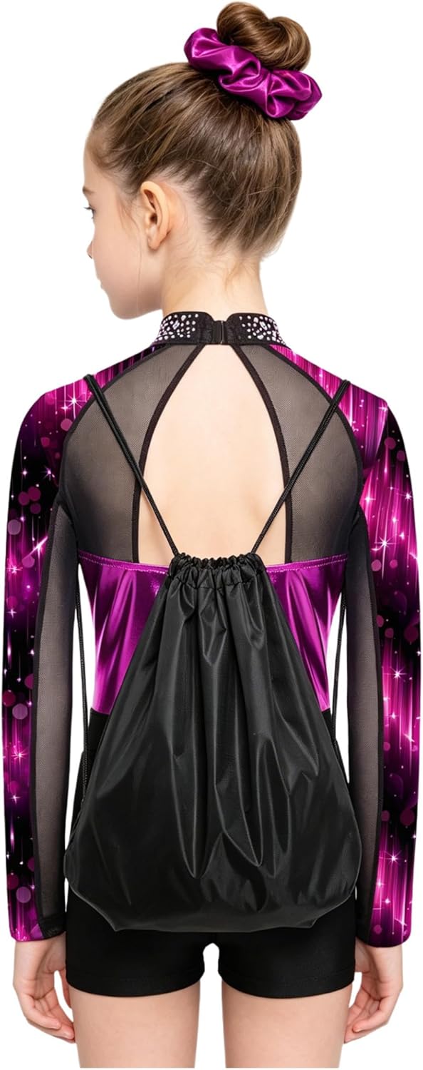 Gymnastics Leotard for Girls Shiny Metallic Long Sleeve Tumbling Outfits And Shorts with Hairtie Gym Bag Outfit
