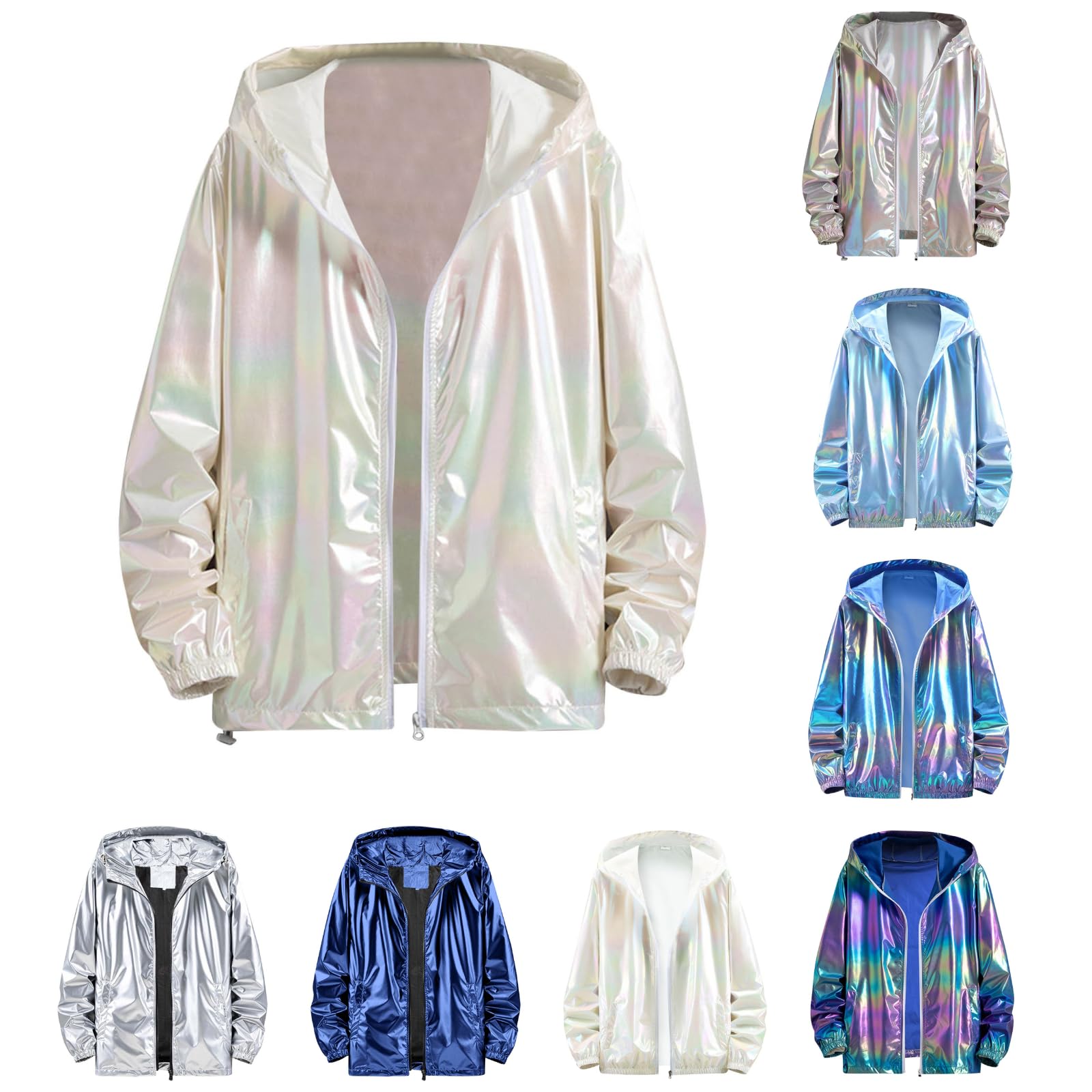 Silver Metallic Glitter Jacket Men Women Carnival Costume 80s 90s Disco Bomber Jacket with Hood Zip Sequins Vintage Sports Jacket Wind Jacket Long Sleeve Coat Winter Jacket Streetwear, White #1, S — image 1