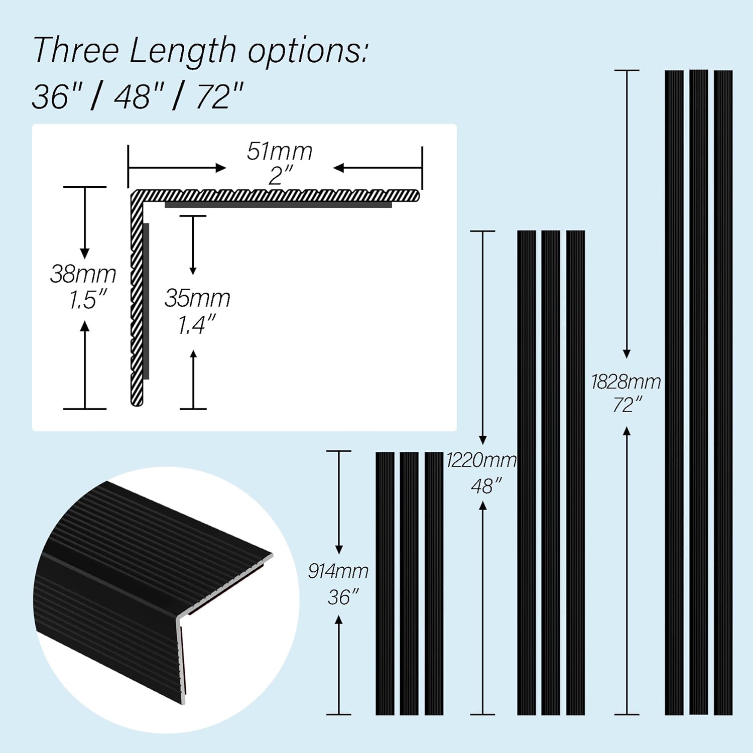 5-Pack 36 Inch Aluminum Peel and Stick Stair Nosing, Matte Black Staircase Step Treads Anti-Slip Stair Edge Protector, Waterproof Self Adhesive Stair Nose Molding Trim for Outdoor & Indoor