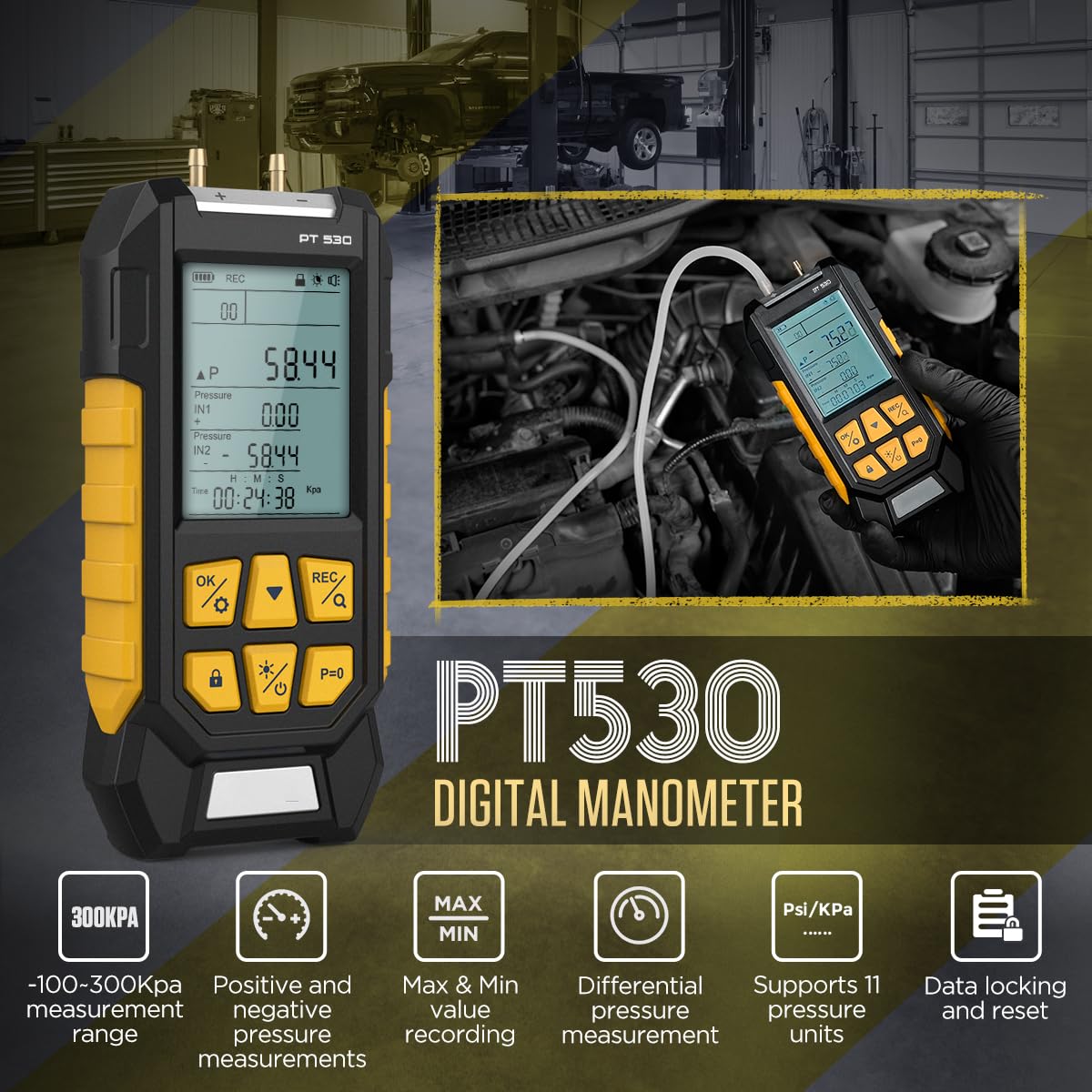 PT530 Digital Manometer DUAL Port Gas Pressure Tester Air Pressure Meter Gauge -100 to 300Kpa Fieldpiece Manometer HVAC With Data locking&Storage,10 Units,Review of 29 datas,7 Adapters,Backlit Display