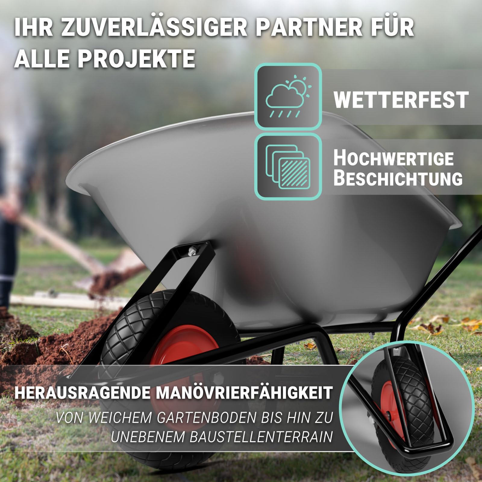 Schubkarre | 100 Liter Kapazität | 250 kg Tragkraft | verzinkter Stahl | pulverbeschichteter Rahmen | 40 cm Reifen | vielseitig
