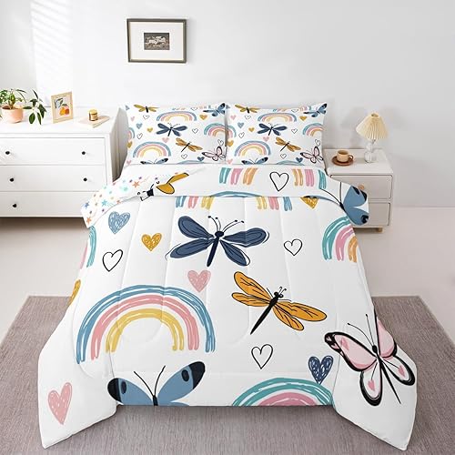 Juego de ropa de cama individual arcoíris para niñas bonito relleno de edredón de libélula juego de edredón de corazón de amor dibujado a mano para