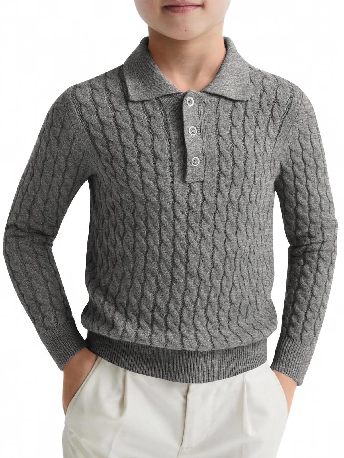 Haloumoning Boys Cable Knit Polo Shirt Kids Long Sleeve Sweater 5-14 Years