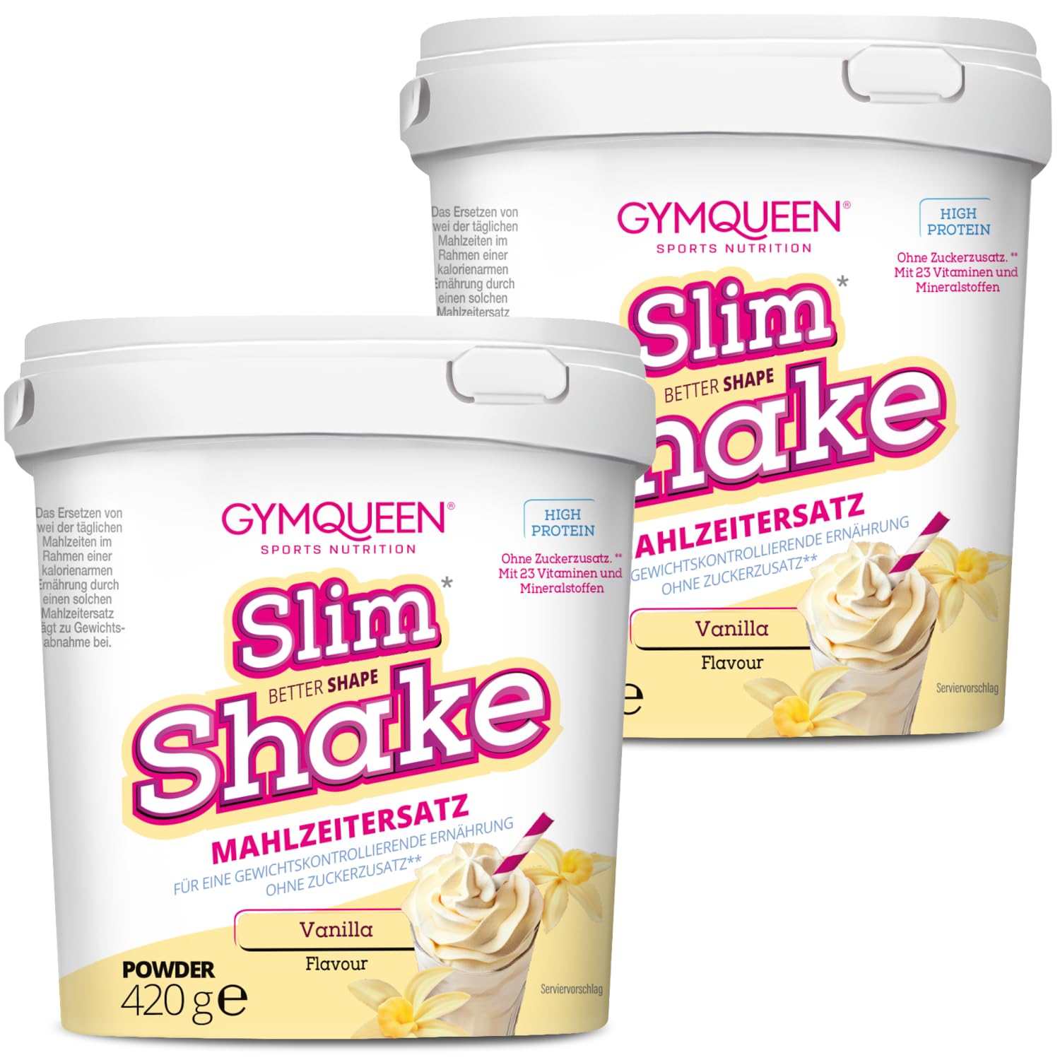 GymQueen Slim Shake, Vanille, 2 x 420 g | Mahlzeitenersatz mit 21 g Protein pro Portion, cremig, ohne Zuckerzusatz, mit Vitaminen und Mineralstoffen