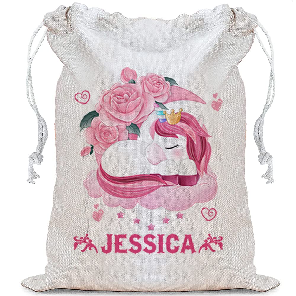 Giftme Girls Sack - Natural Strings Personalised Floral Unicorn Princess Sleeps Here Any Name Storage Sack, Kids Toys Sack, Kids Stuff Sack Linen Santa Sack With Drawstrings Toy Bag,Stoking Filler. (Sack - Natural Strings)