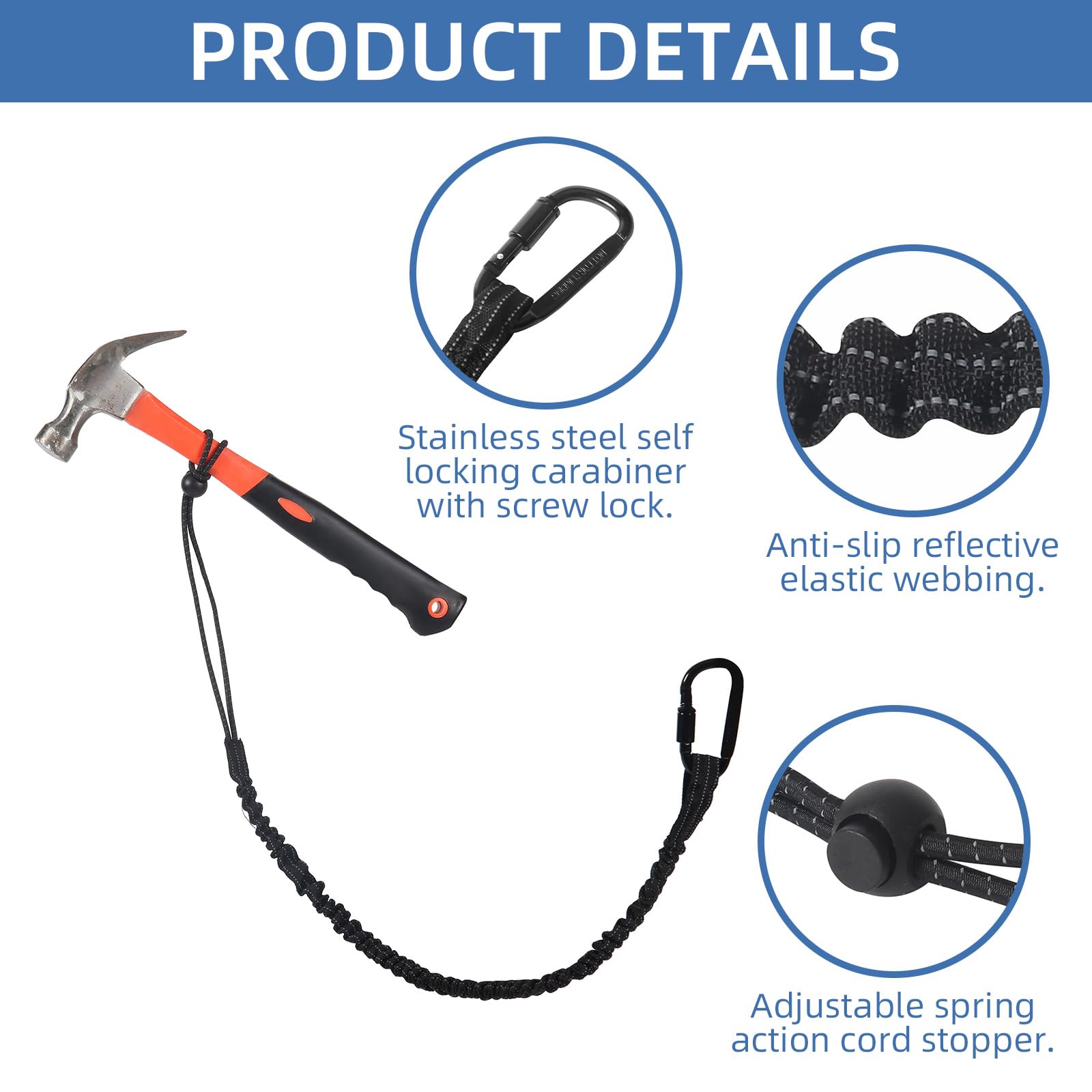 Lot de 36 cordons d'outils avec mousqueton à vis et extrémité à boucle réglable, longueur extensible de 90 à 165 cm, sangle de protection contre les chutes, limite de poids maximum 9 kg / 19.8lbs