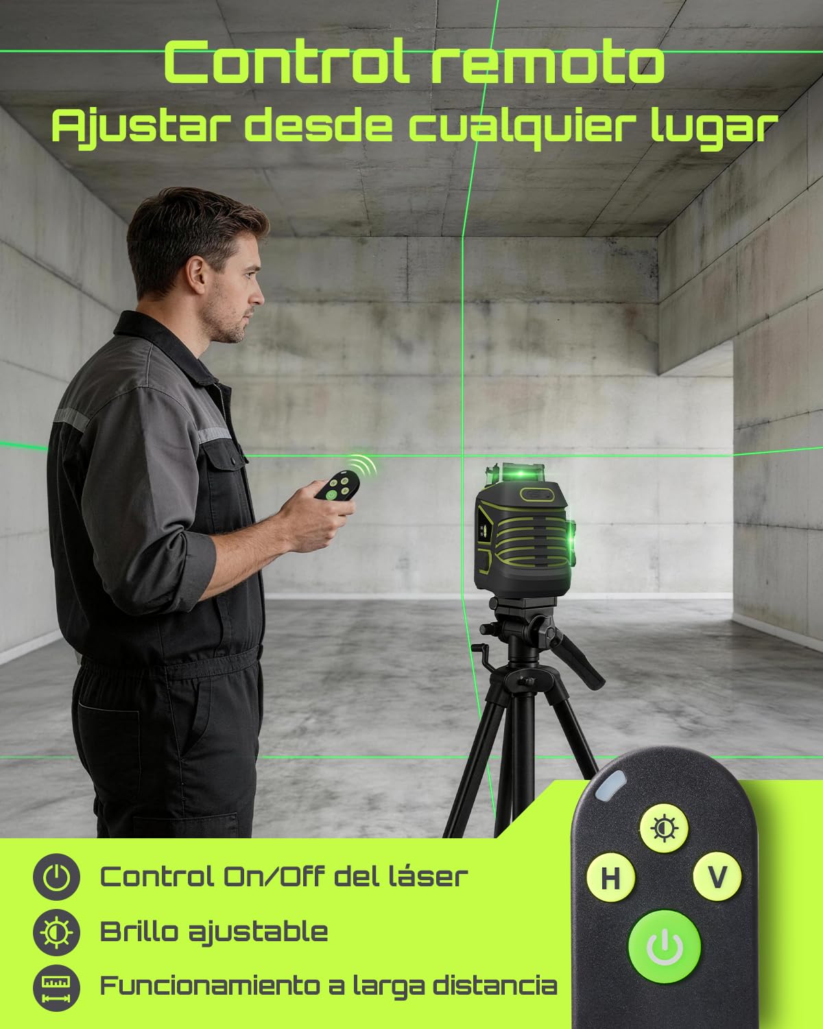 LASGOO 3DX-C Nivel Láser Verde con Pantalla LCD, Mando a Distancia & Soporte