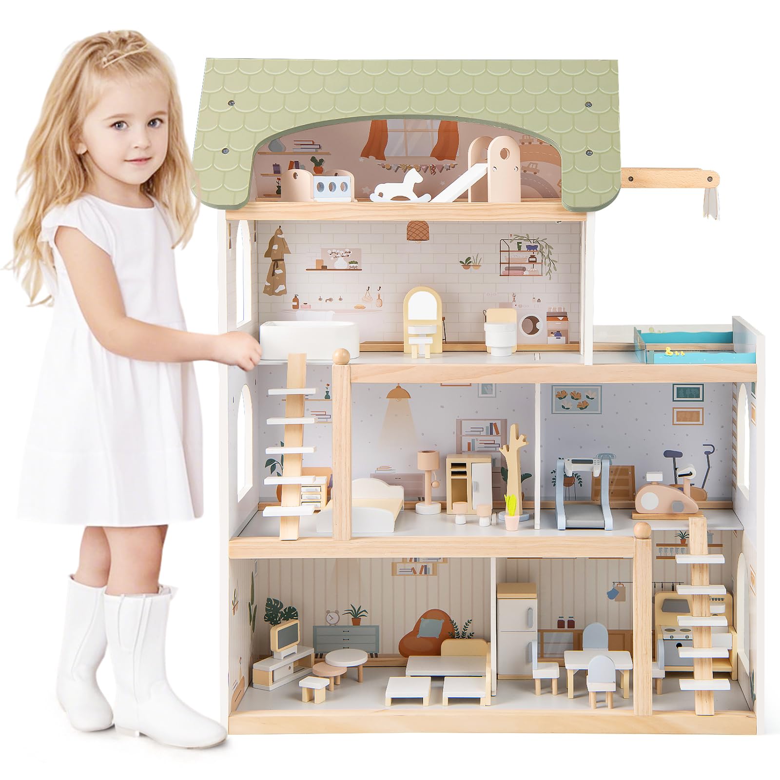 FANTASK Wooden Doll's House with 33 Pieces of Furniture, Balcony & Pool, Doll Villa Dream Villa, Children's Dollhouse, Toy Gift for Girls and Boys from 2 Years