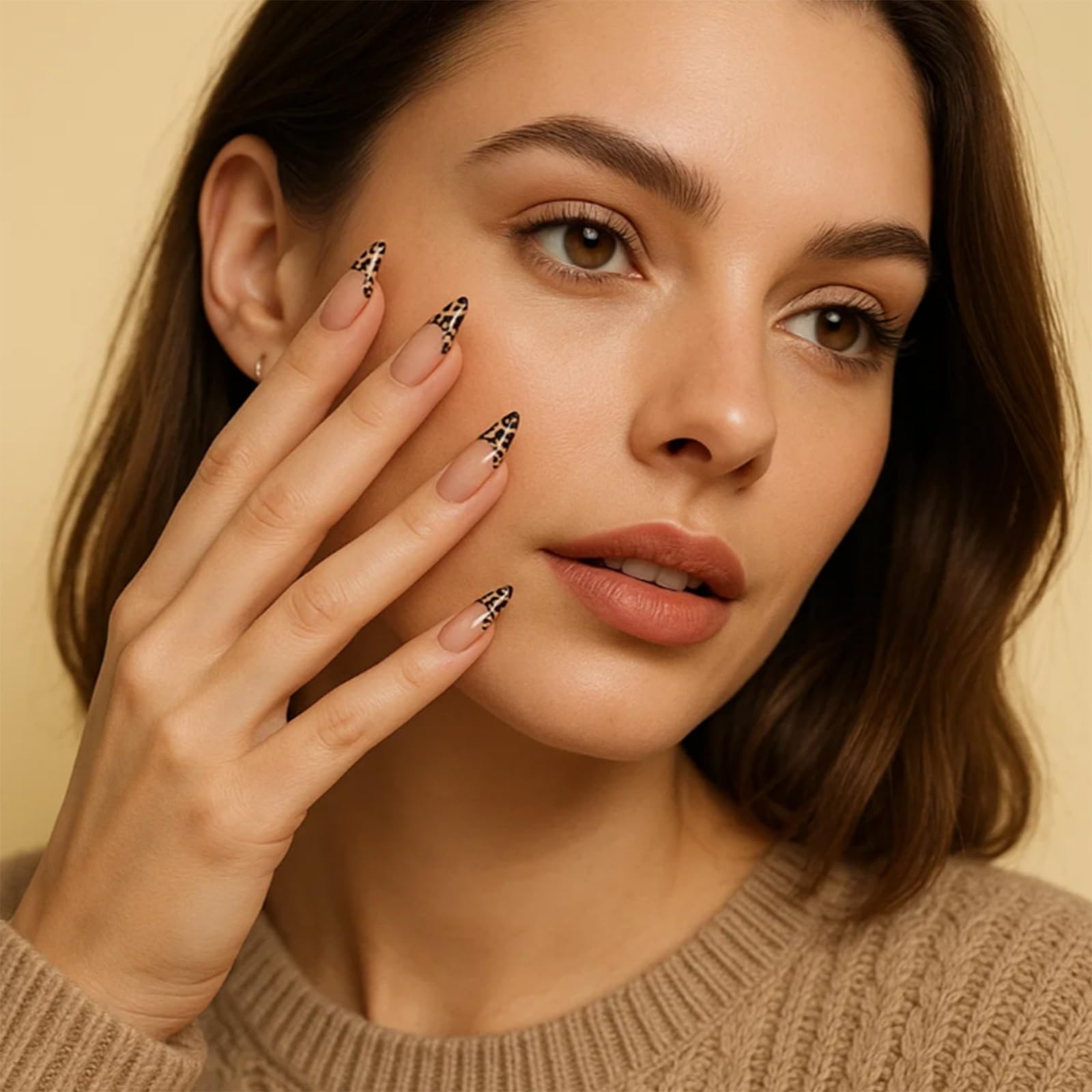 Long Coffin-Shaped French Edge Press on Nails with Glossy Nude Base and Leopard Print Tips - Image 3