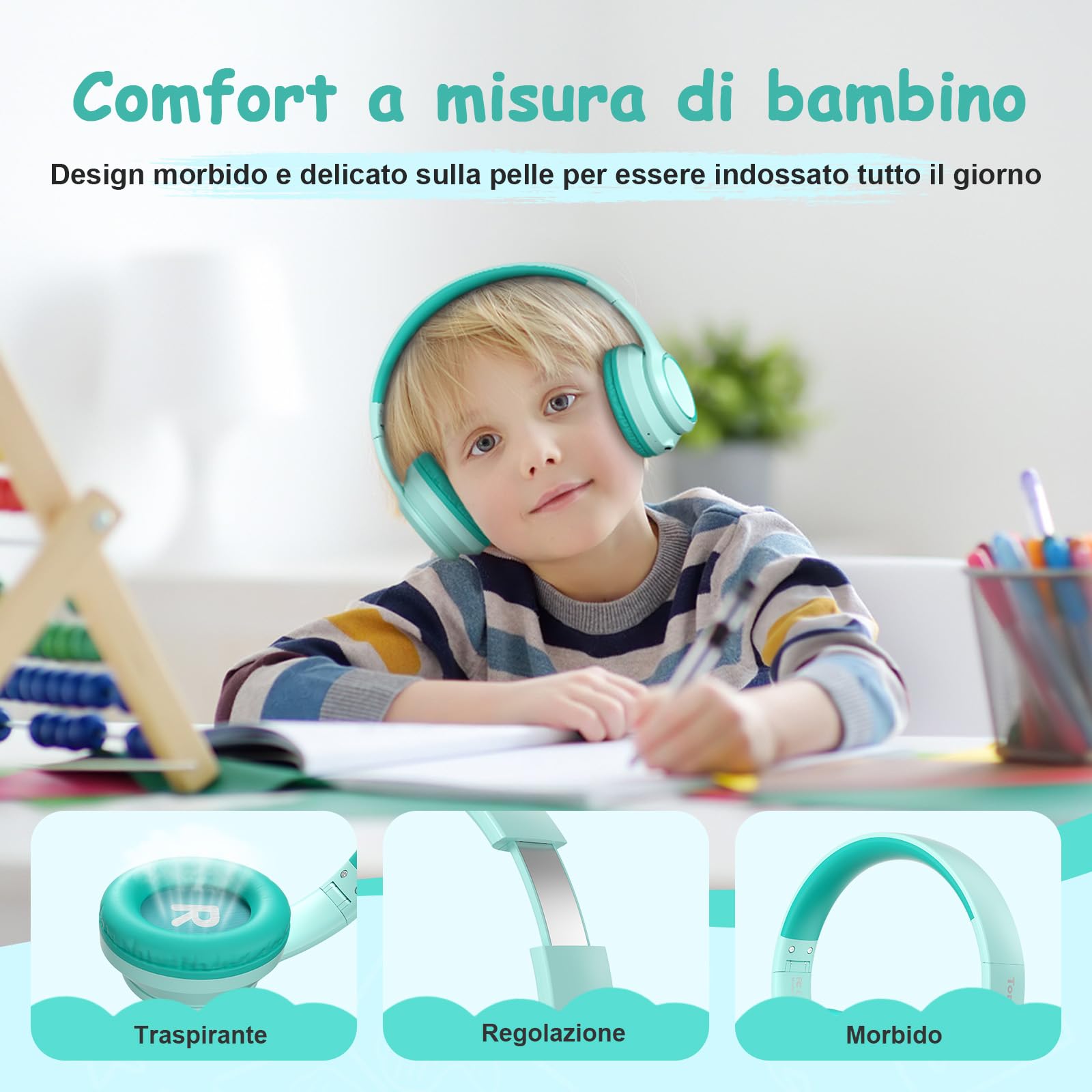TONOSHARK Cuffie Bambini ANC, 60h Autonomia, Bluetooth Senza Fili Over-Ear con Microfono– Ideali per Casa/Scuola/Viaggi/Feste Custodia Inclusa (blu-verde)