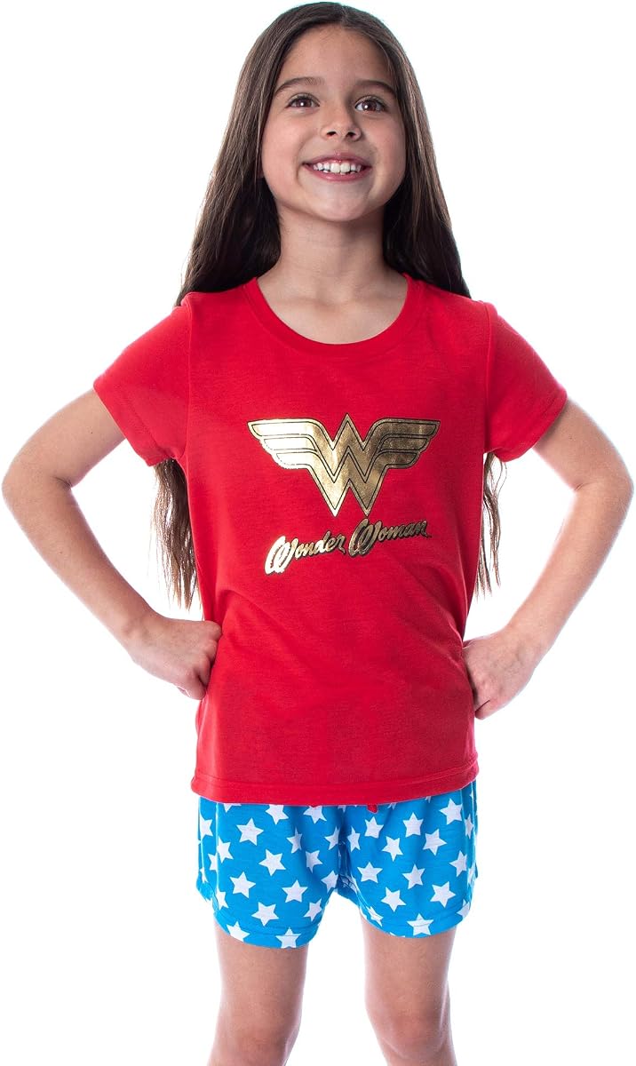 DC Comics Girls' Wonder Woman Gold Foil Logo Shirt and Shorts Loungewear 2 Piece Pajama Set